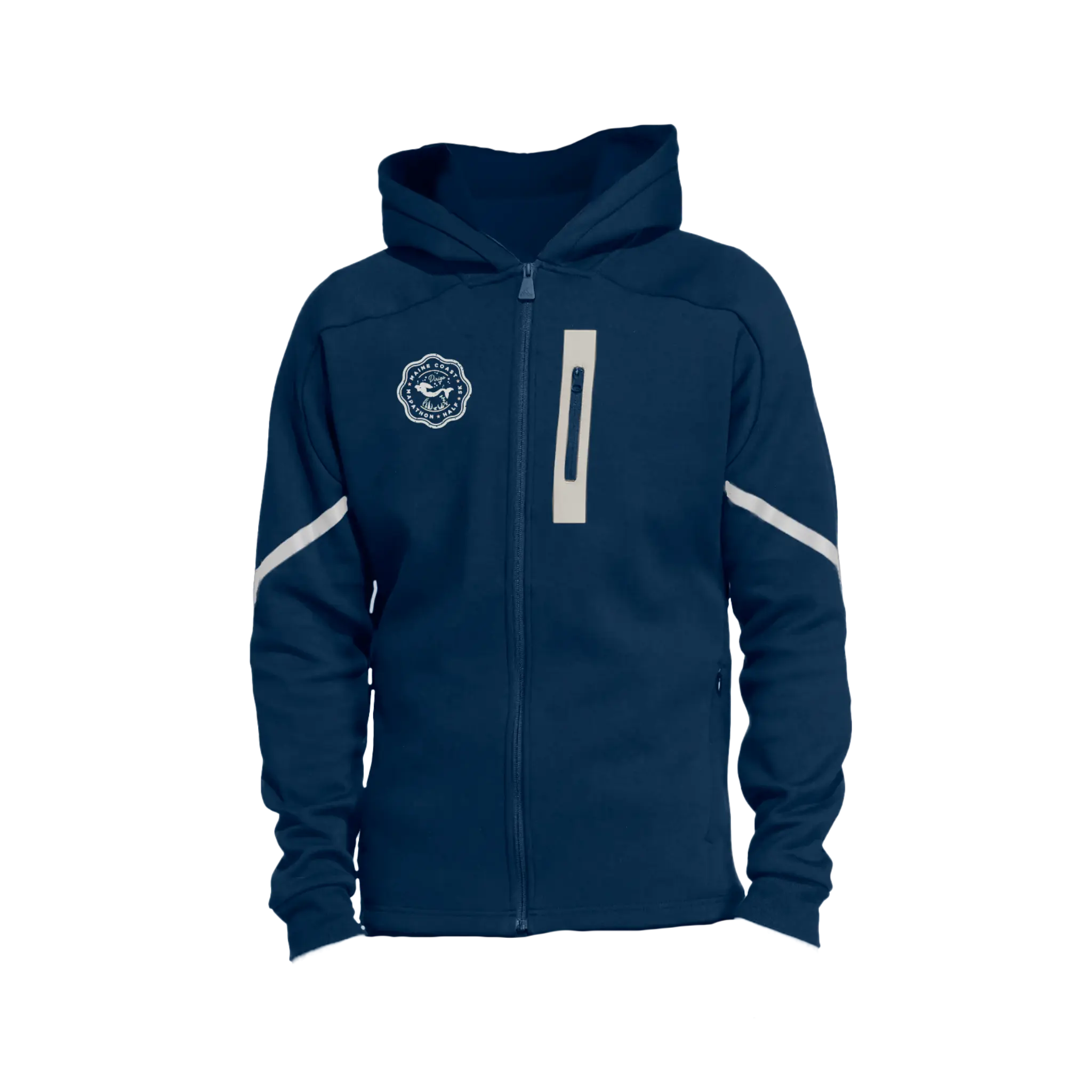 Navy blue hoodie with white accents and Maine Coast Marathon logo on chest