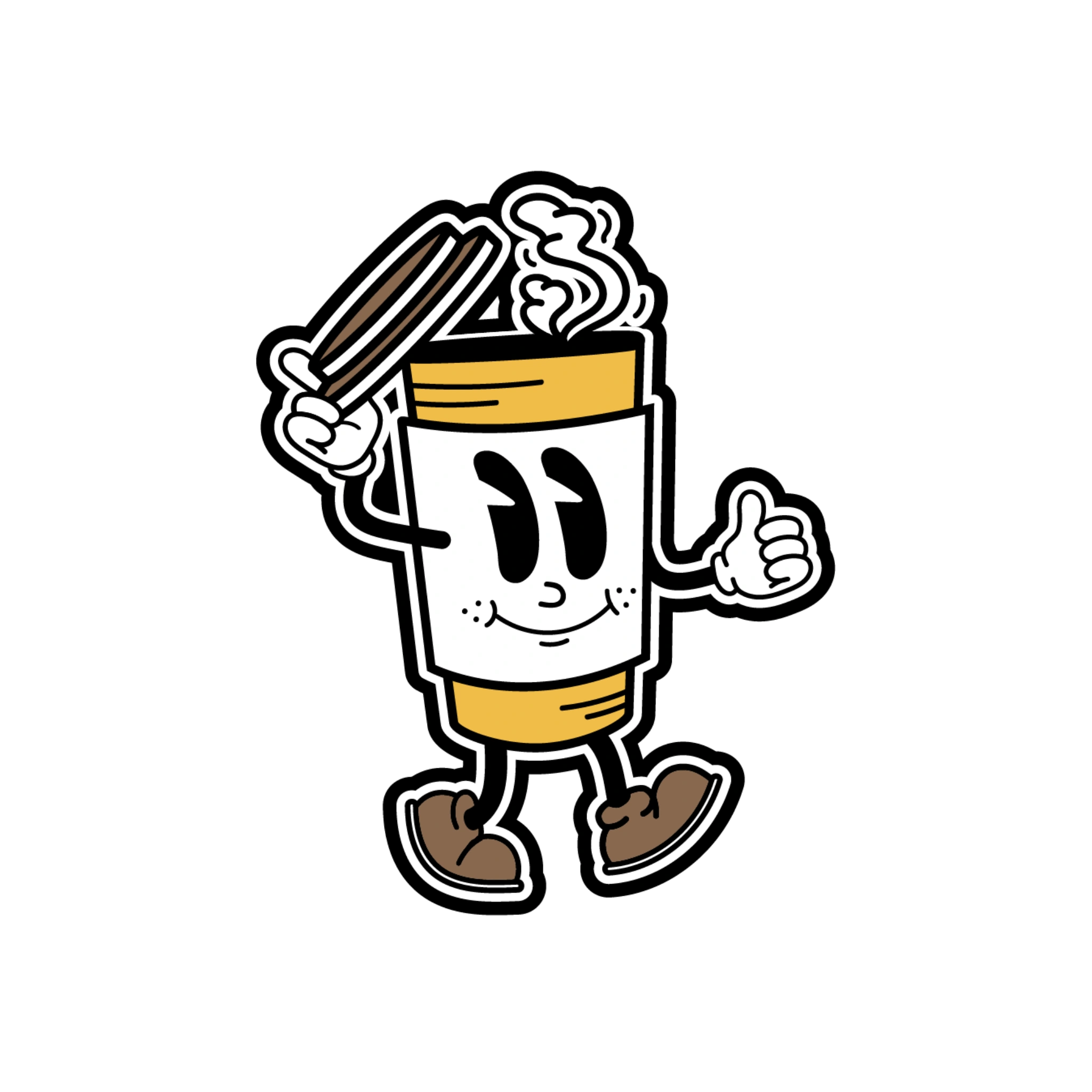 Cartoon character of a cup with a face, arms, and legs with a thumbs up