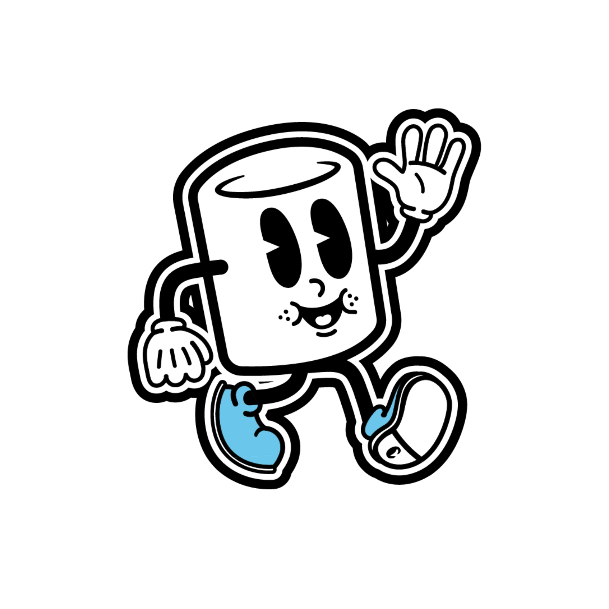 Cartoon cup character with arms and legs waving