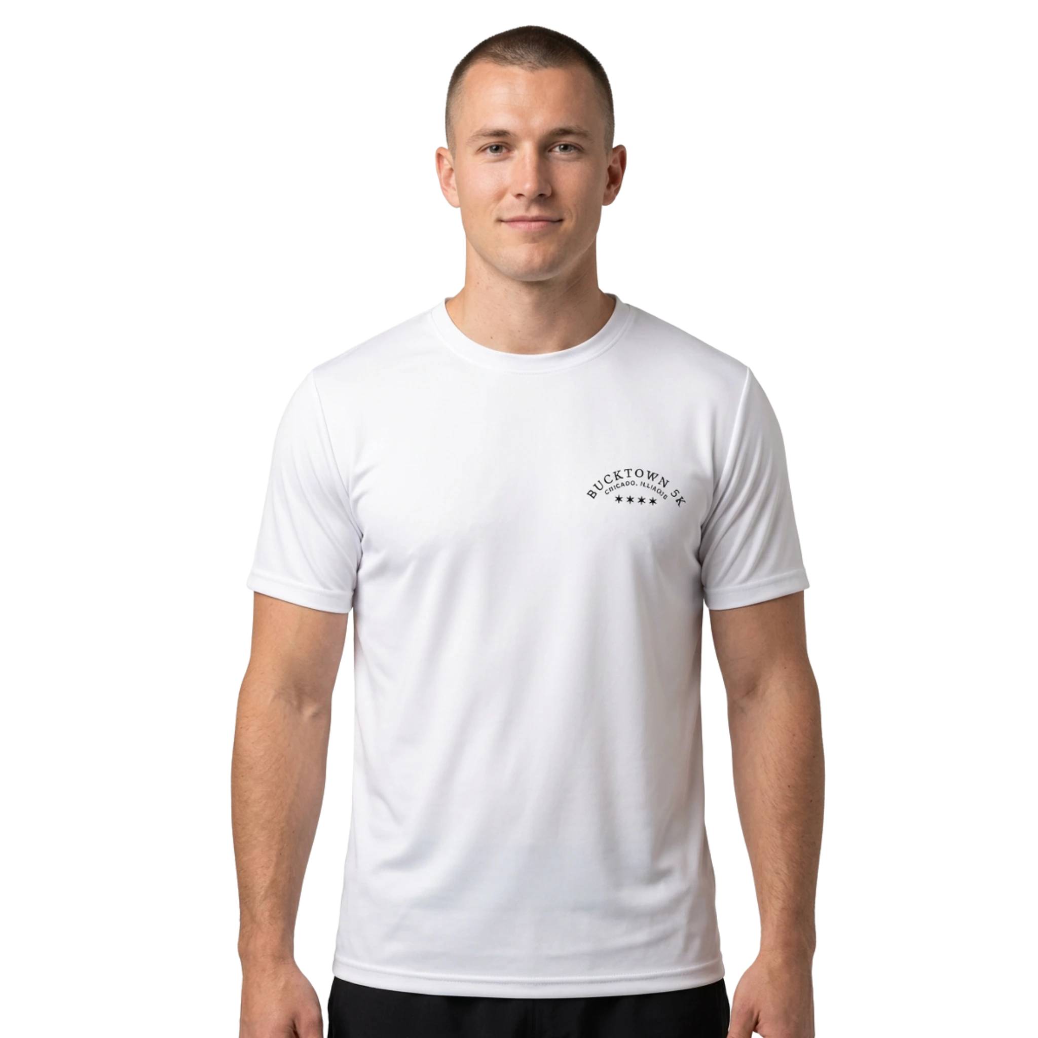 Man wearing a white t-shirt with a Bucktown 5K logo on the left chest