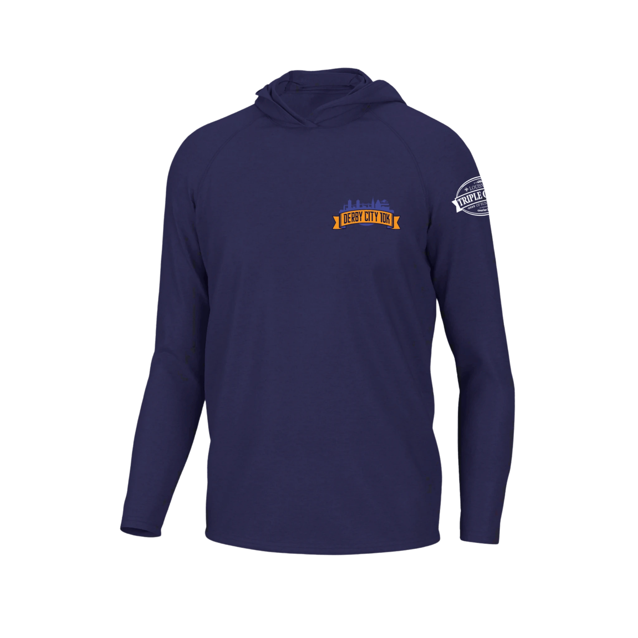 Purple hoodie with Derby City 10K logo on left chest and Louisville Triple Crown branding on shoulder sleeve