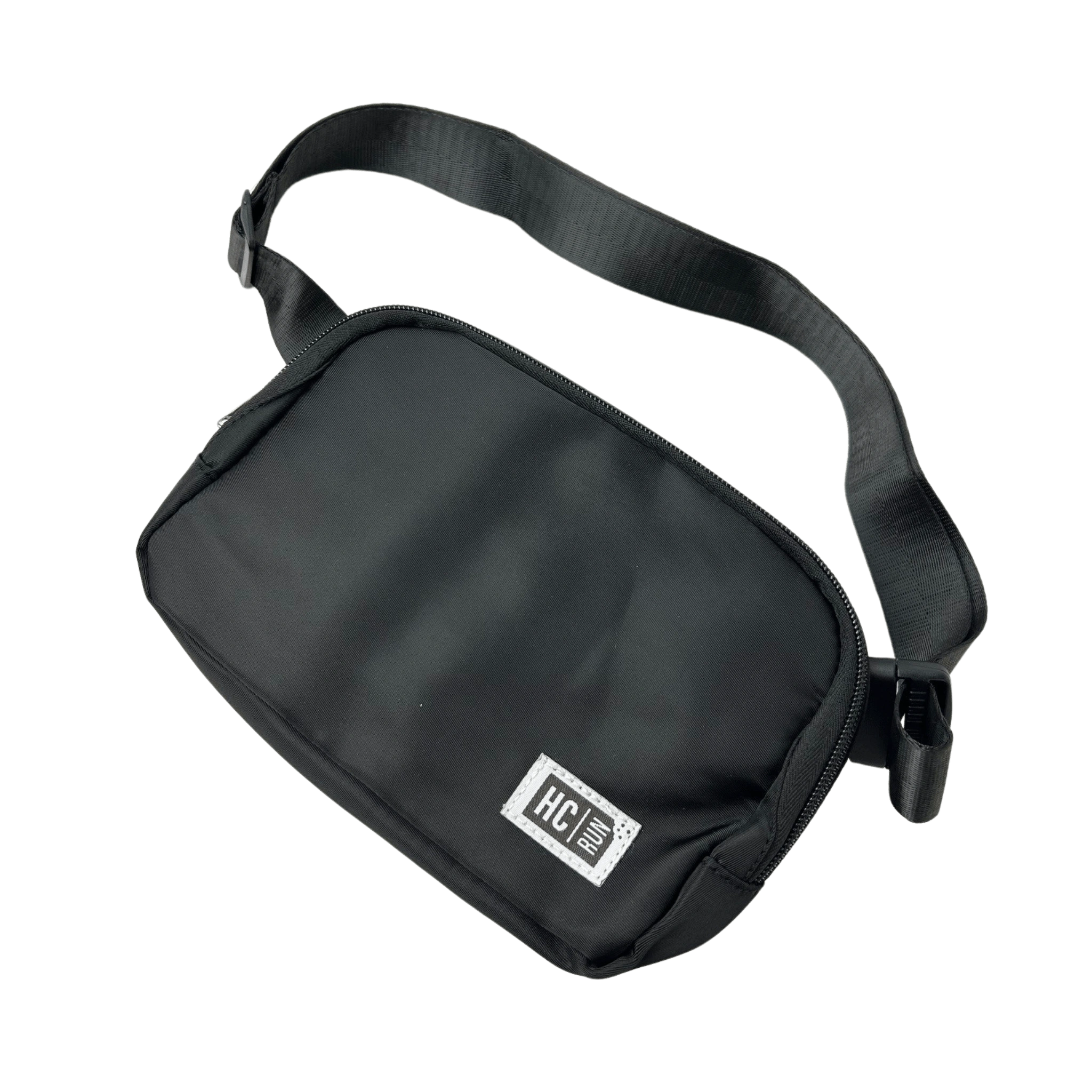 Black belt bag with strap and HC Run logo in left corner