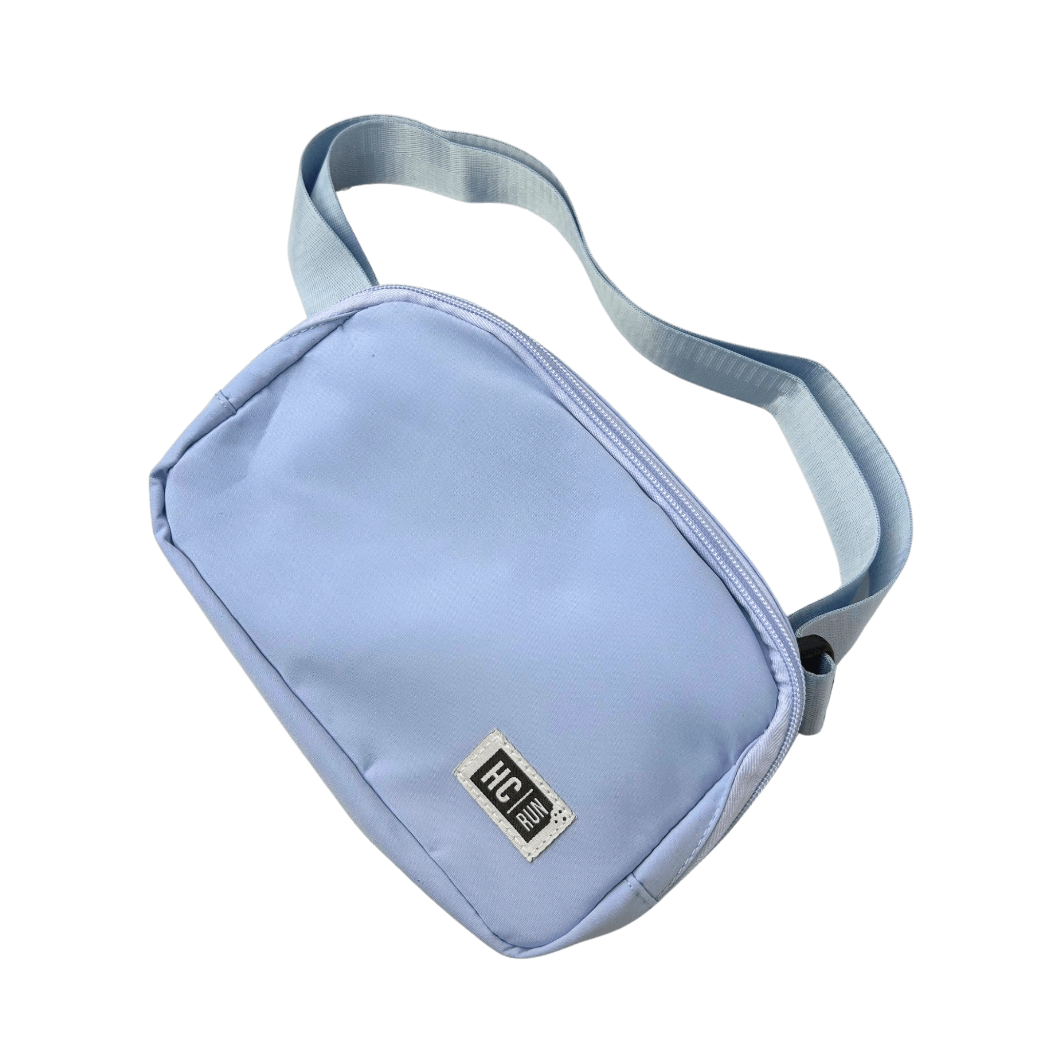 Light blue belt bag with strap and HC Run logo in left corner