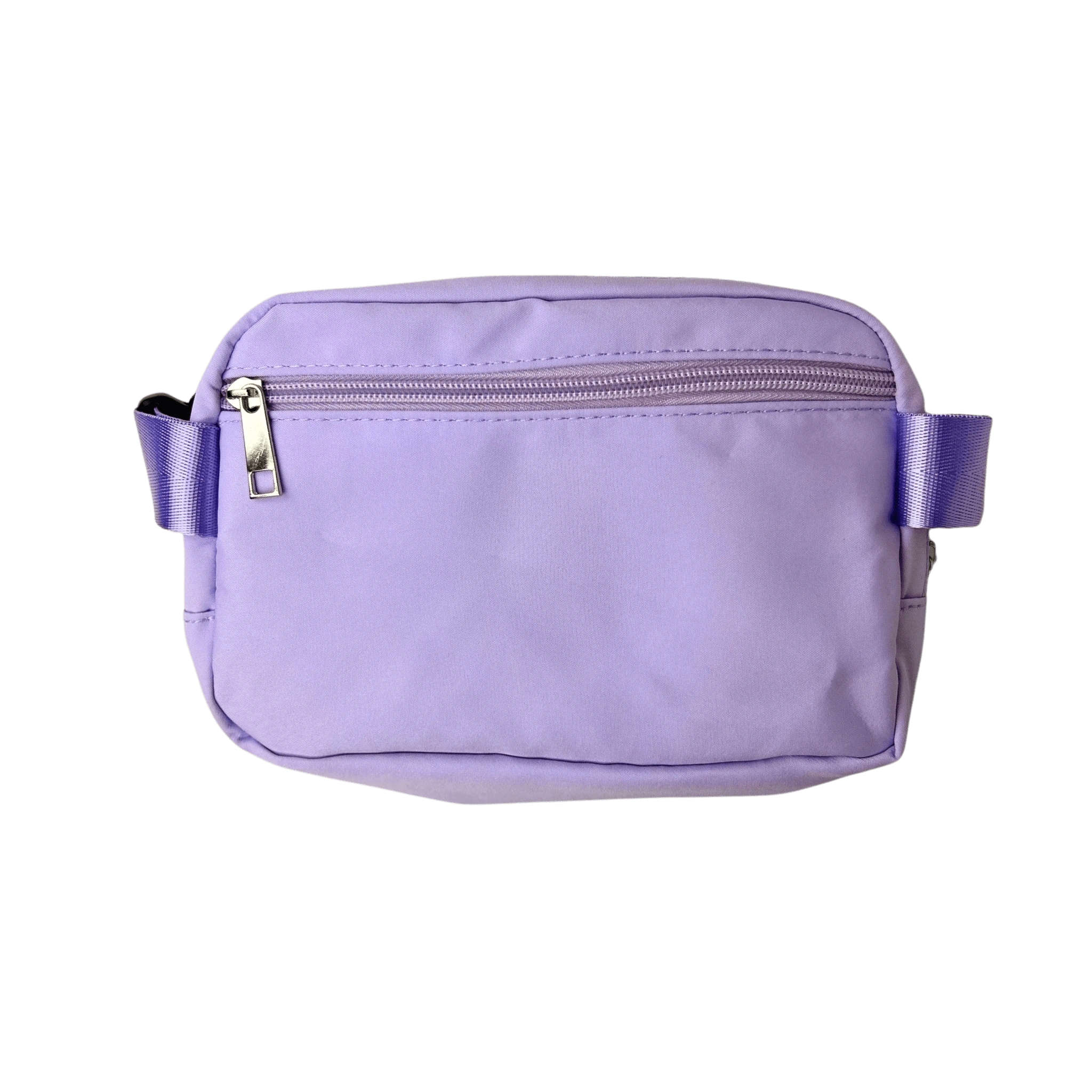 Back of purple belt bag with zipper
