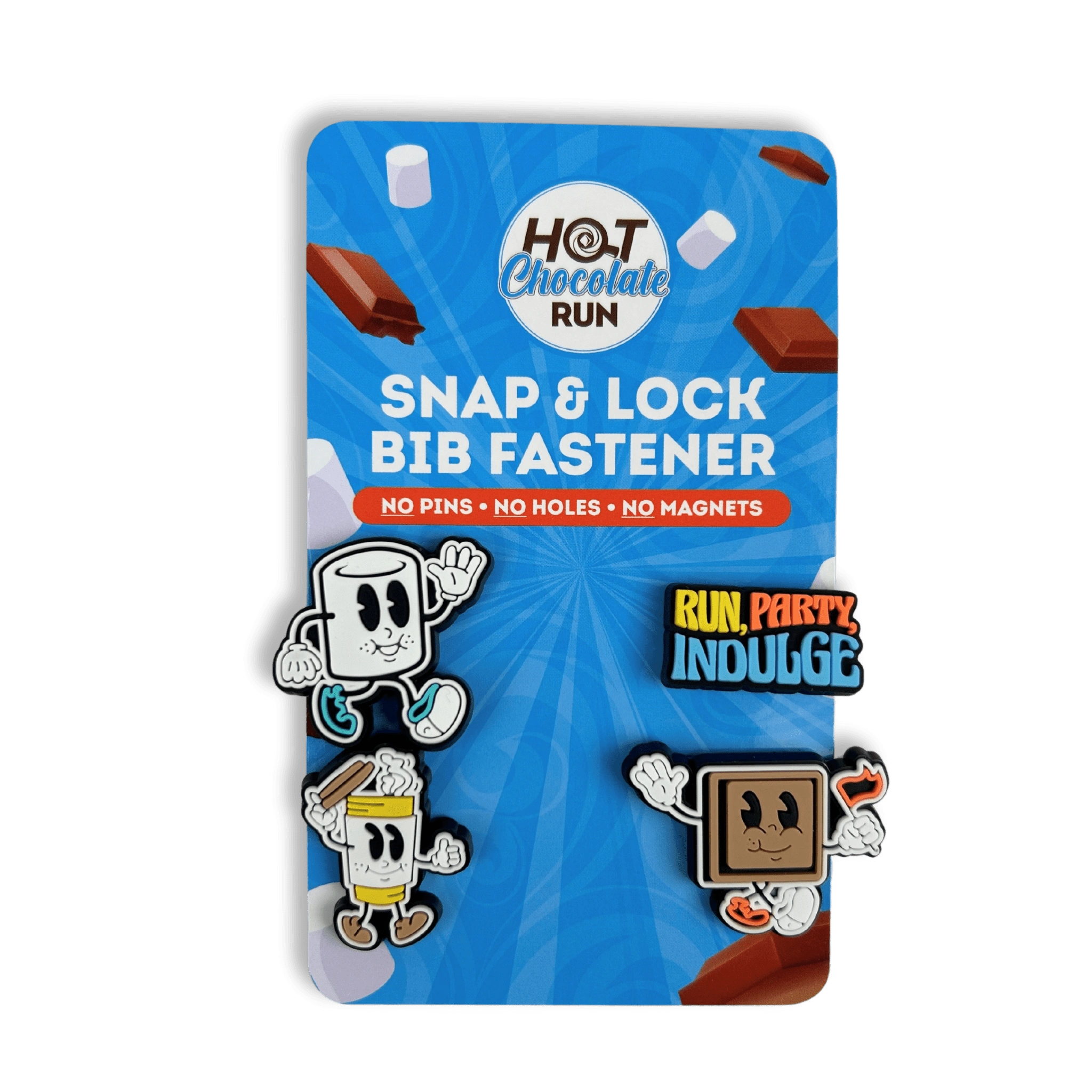 Packaging of Hot Chocolate Run snap and lock bib fastener with chocolate characters on a blue background