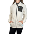 Person wearing a cream-colored fleece jacket with a black pocket