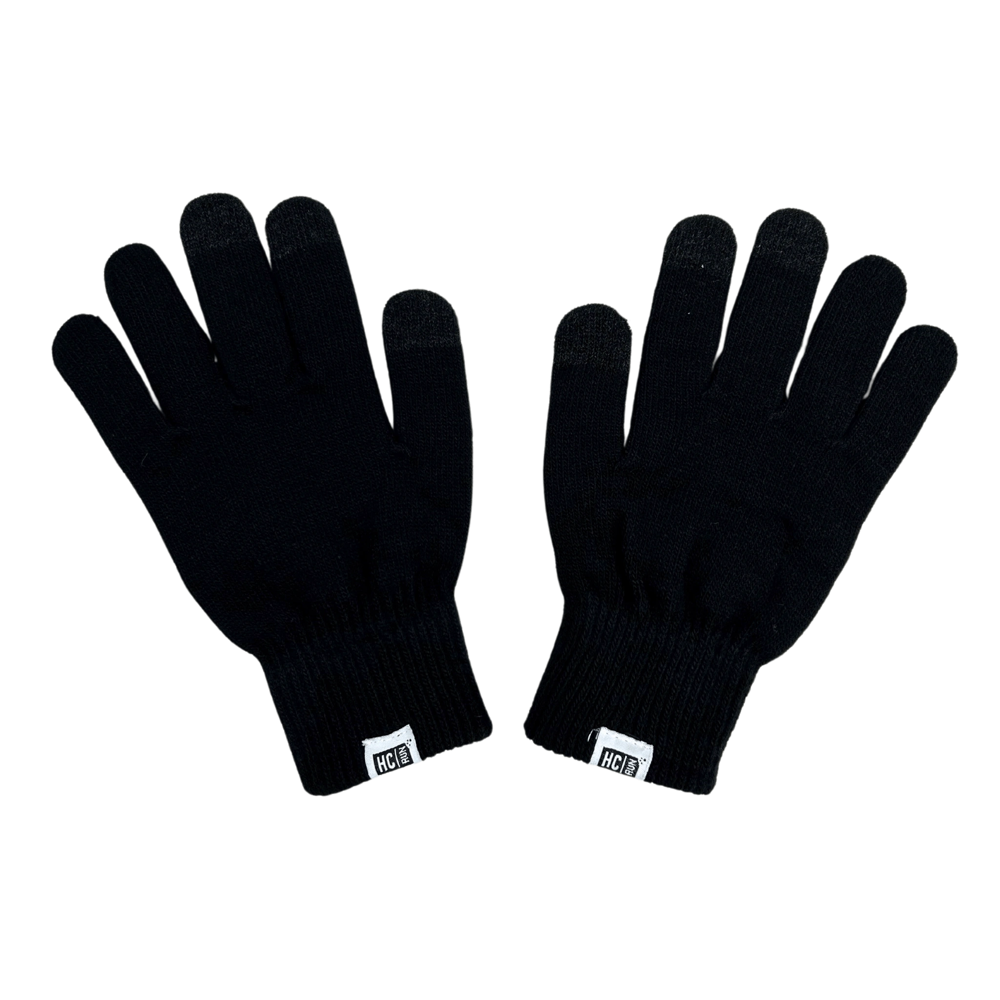 Tops of a black pair of gloves with HC Run logo at bottom