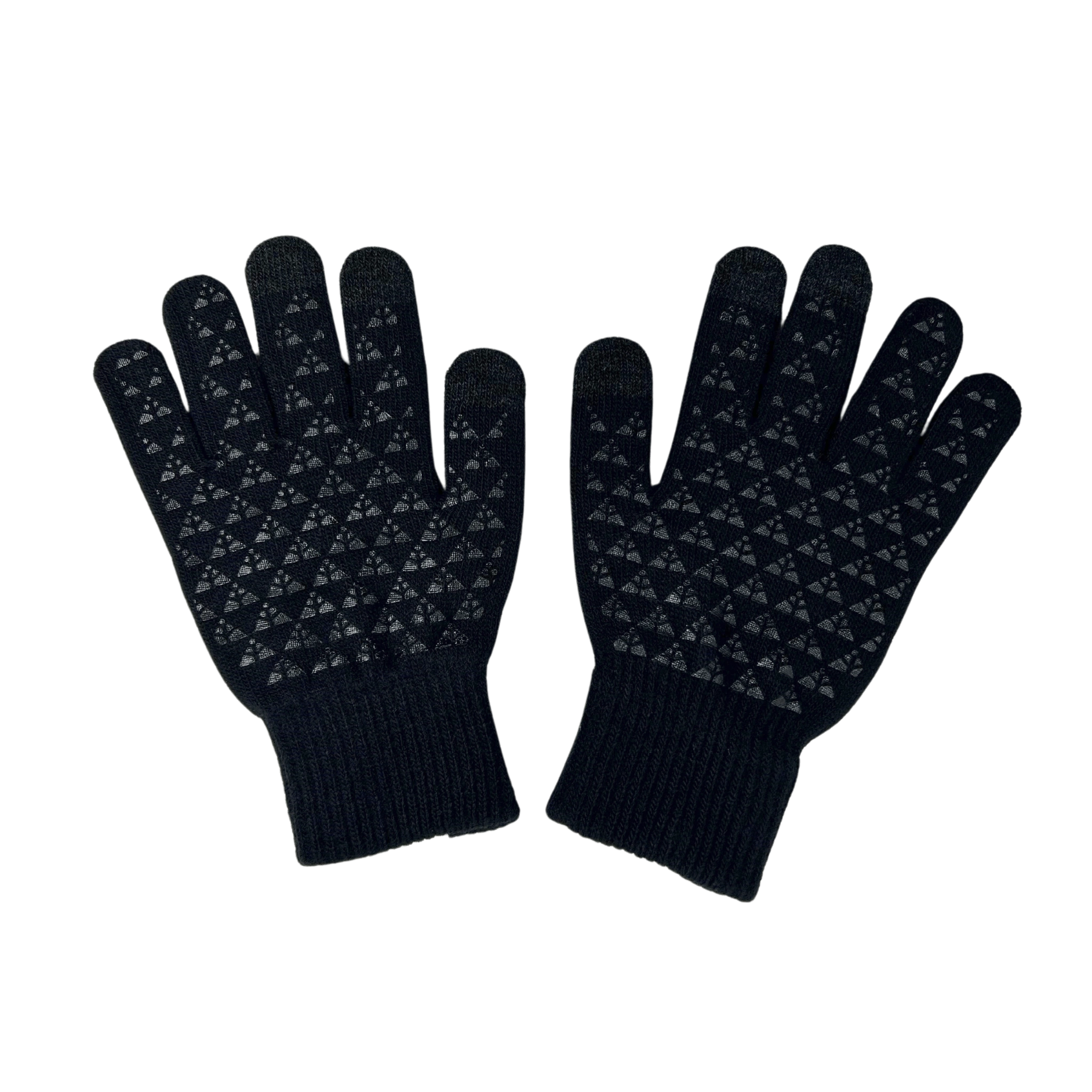 Palms of a black pair of gloves with pattern grips and touchscreen fingers