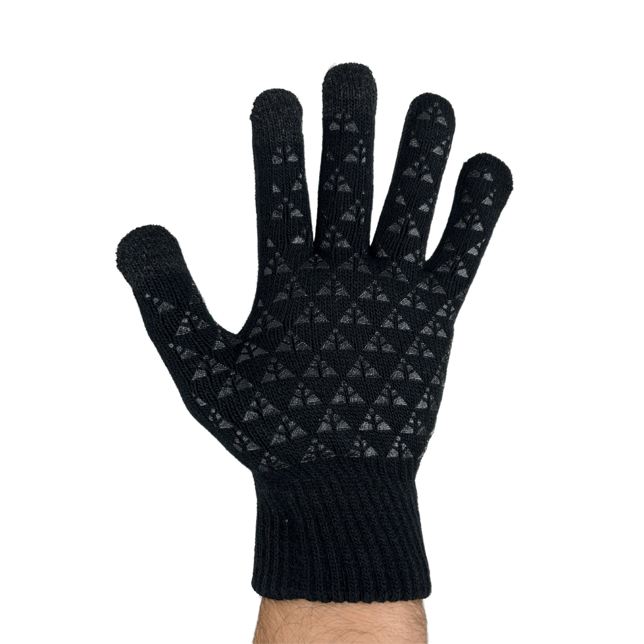 Black glove with patterned palm and touchscreen fingers