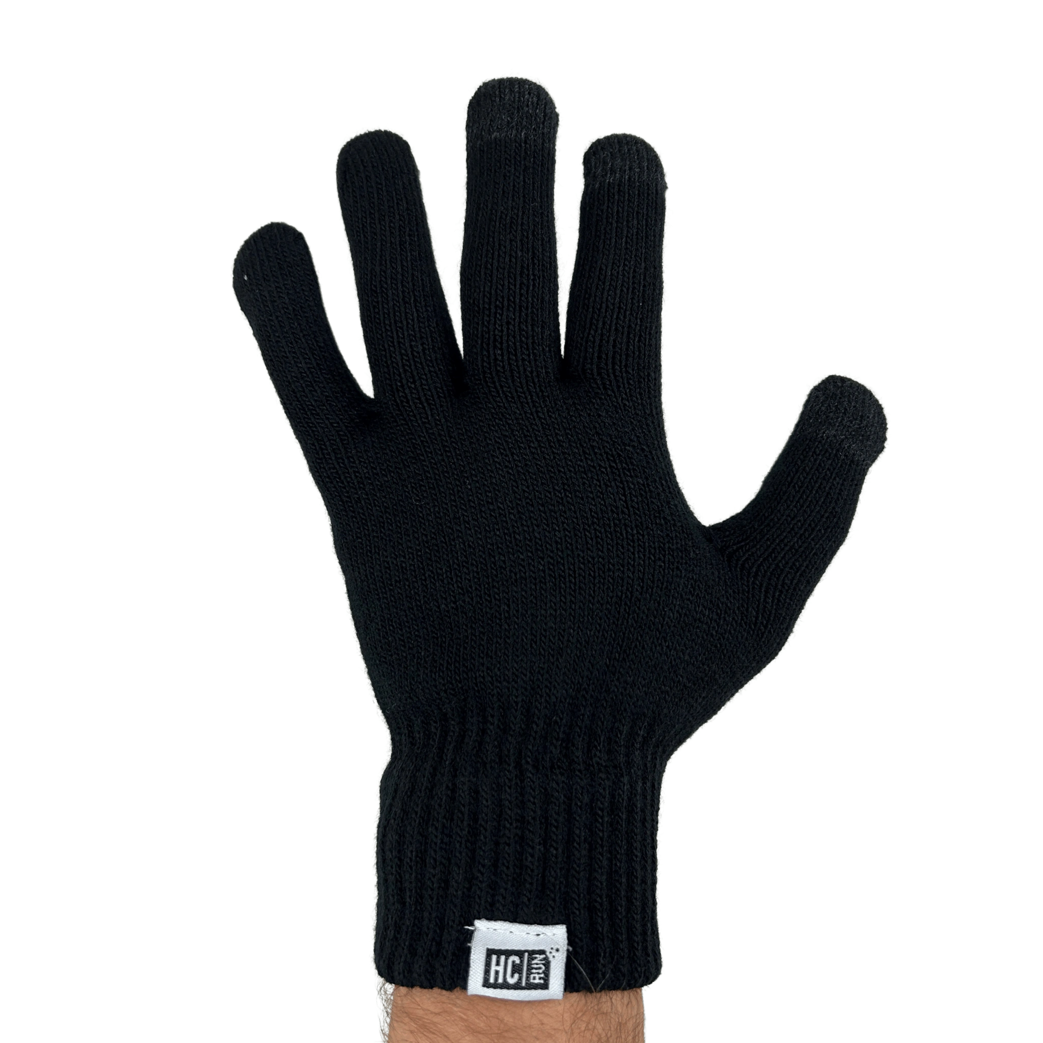 Top of black glove with HC run label on bottom