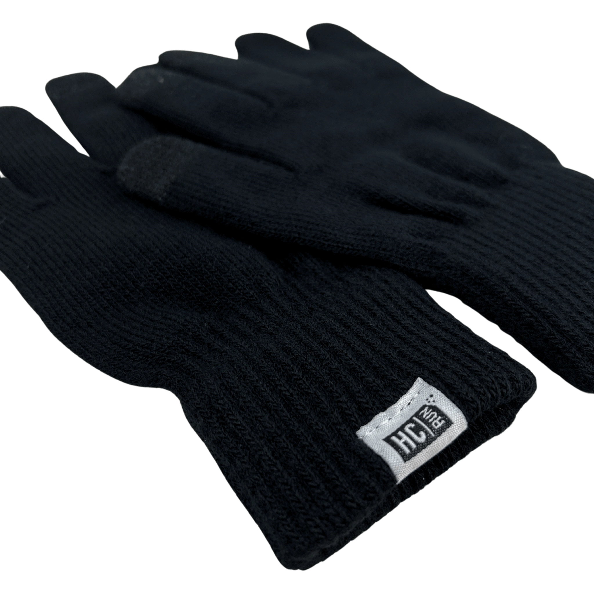 Black gloves laying flat with closeup of HC Run label on bottom