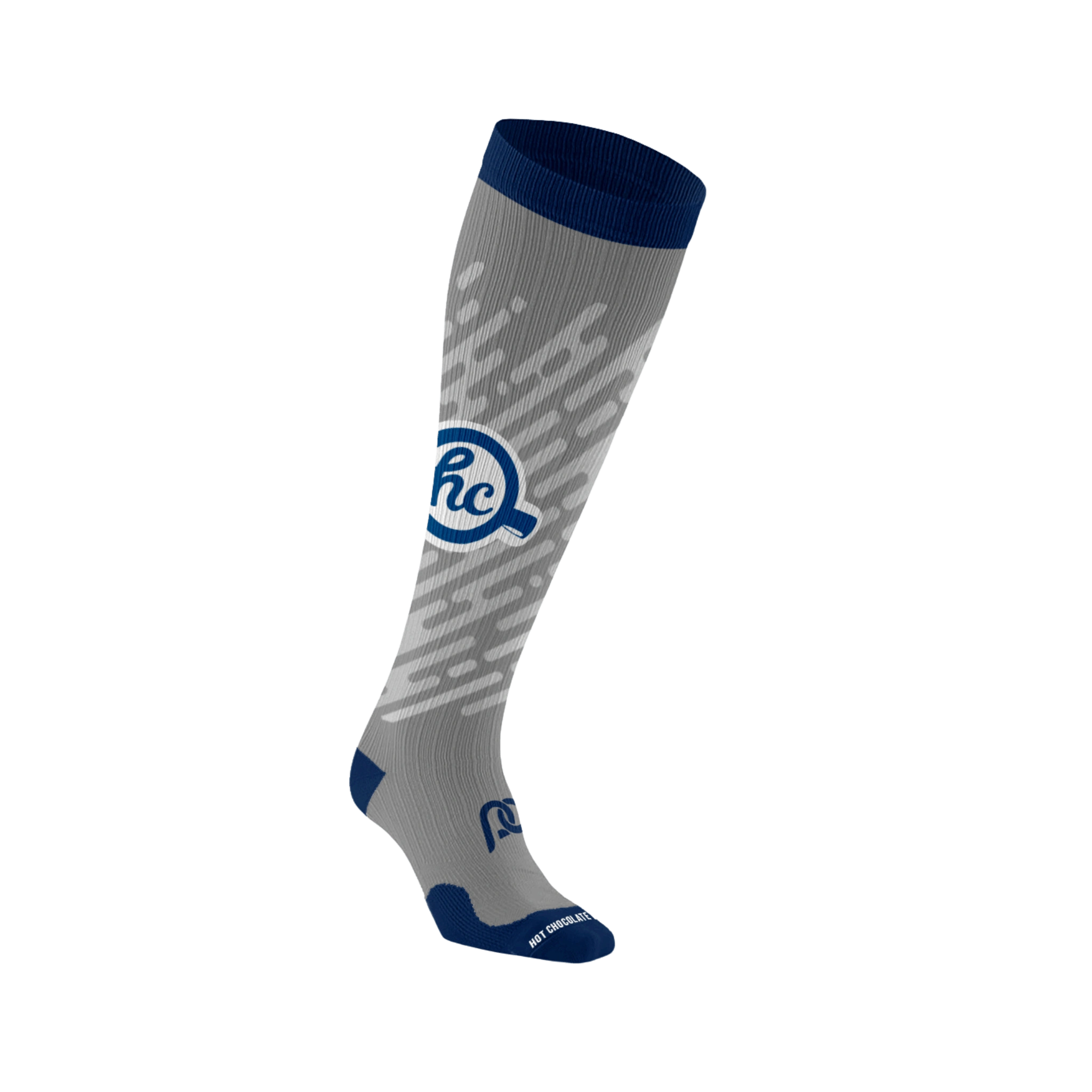 Gray sock with blue accents and a HC logo on side