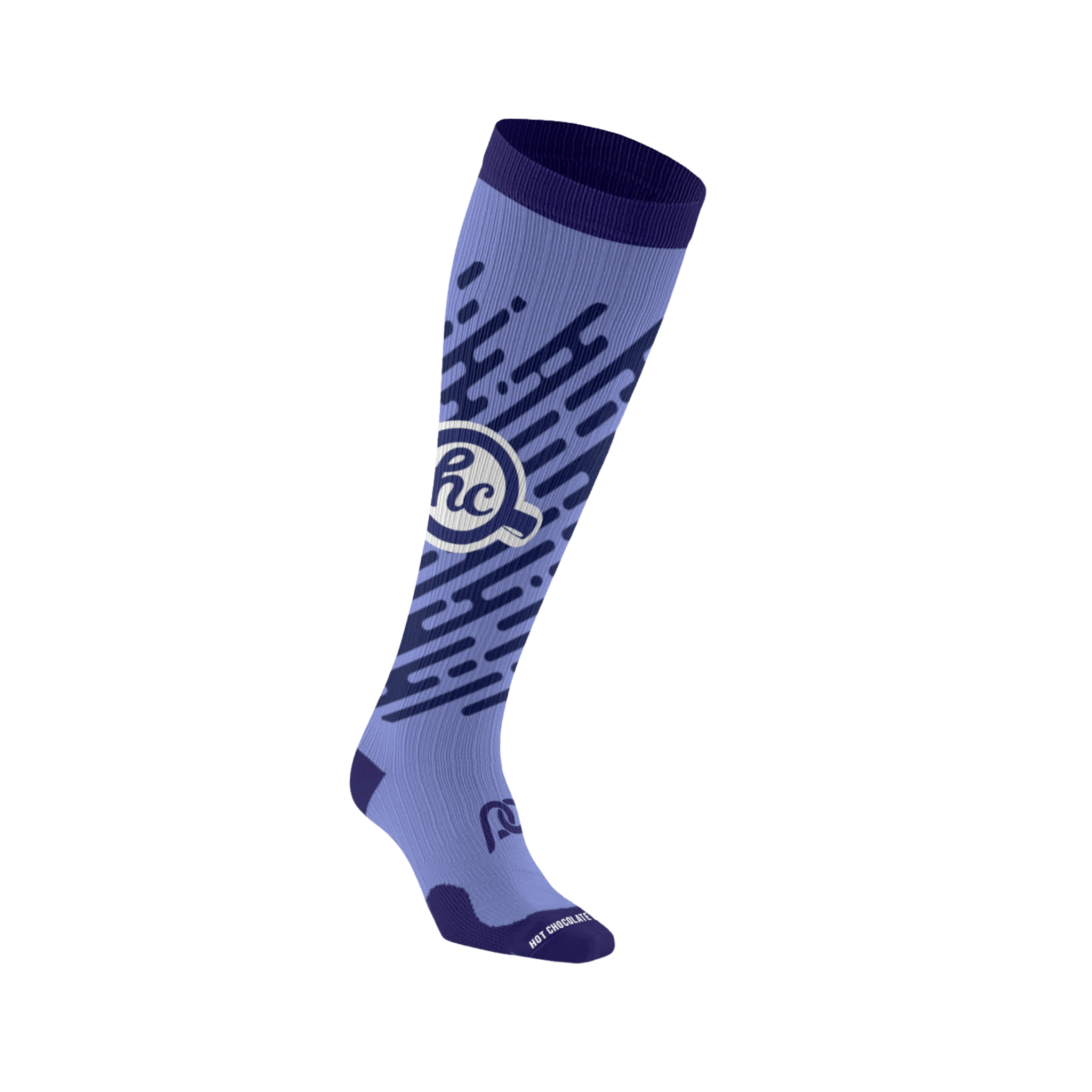 Knee-high purple sock with HC logo on the side