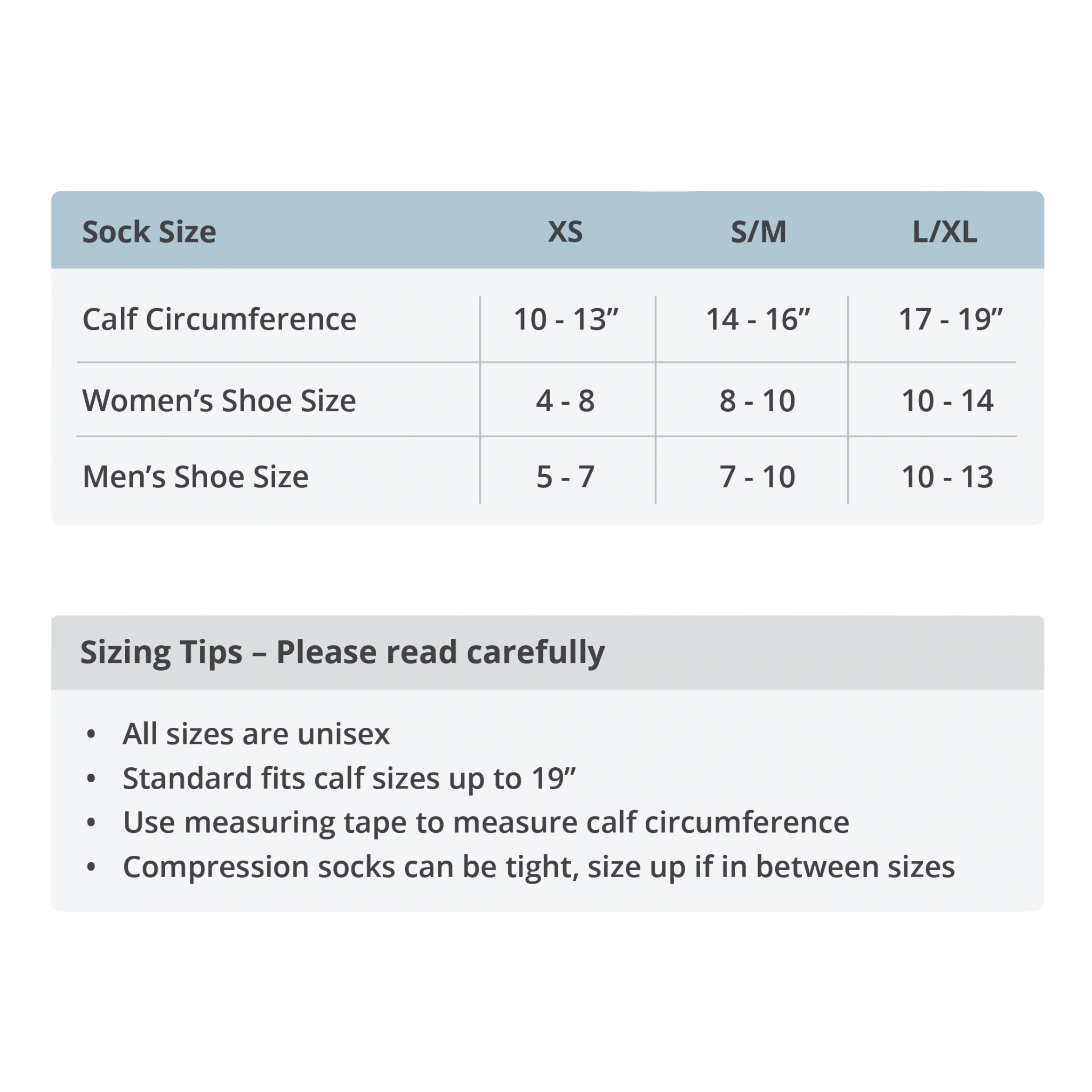 Table showing sock size chart