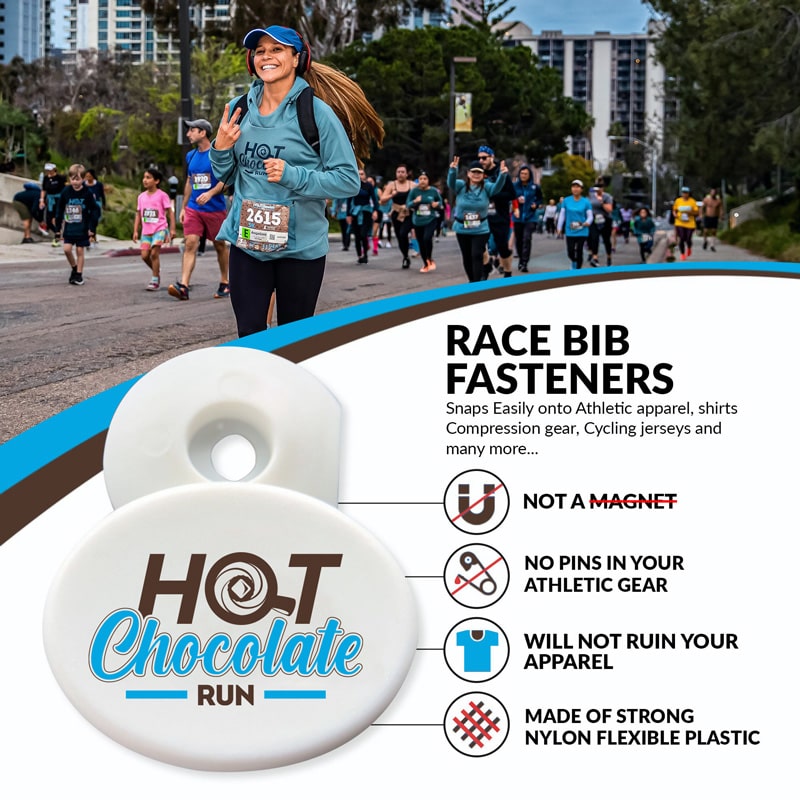 List of bib fasteners benefits with a Hot Chocolate Run logo fastener close up