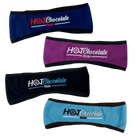 Four ear warmers in navy, purple, black, and light blue with Hot Chocolate Run logos