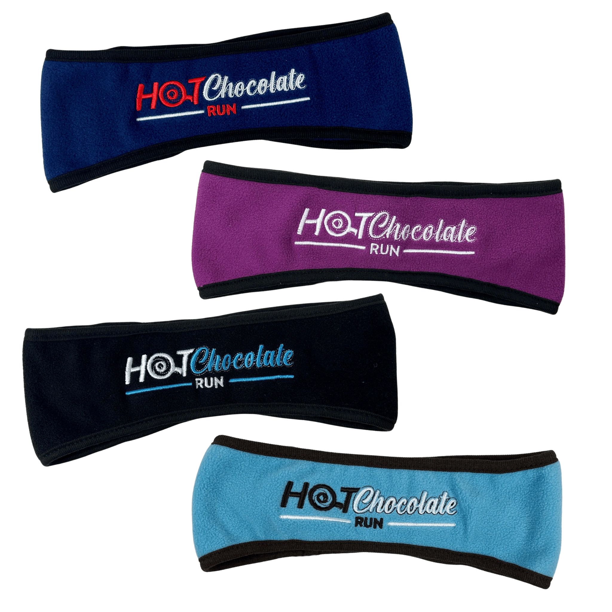 Four ear warmers in navy, purple, black, and light blue with Hot Chocolate Run logos