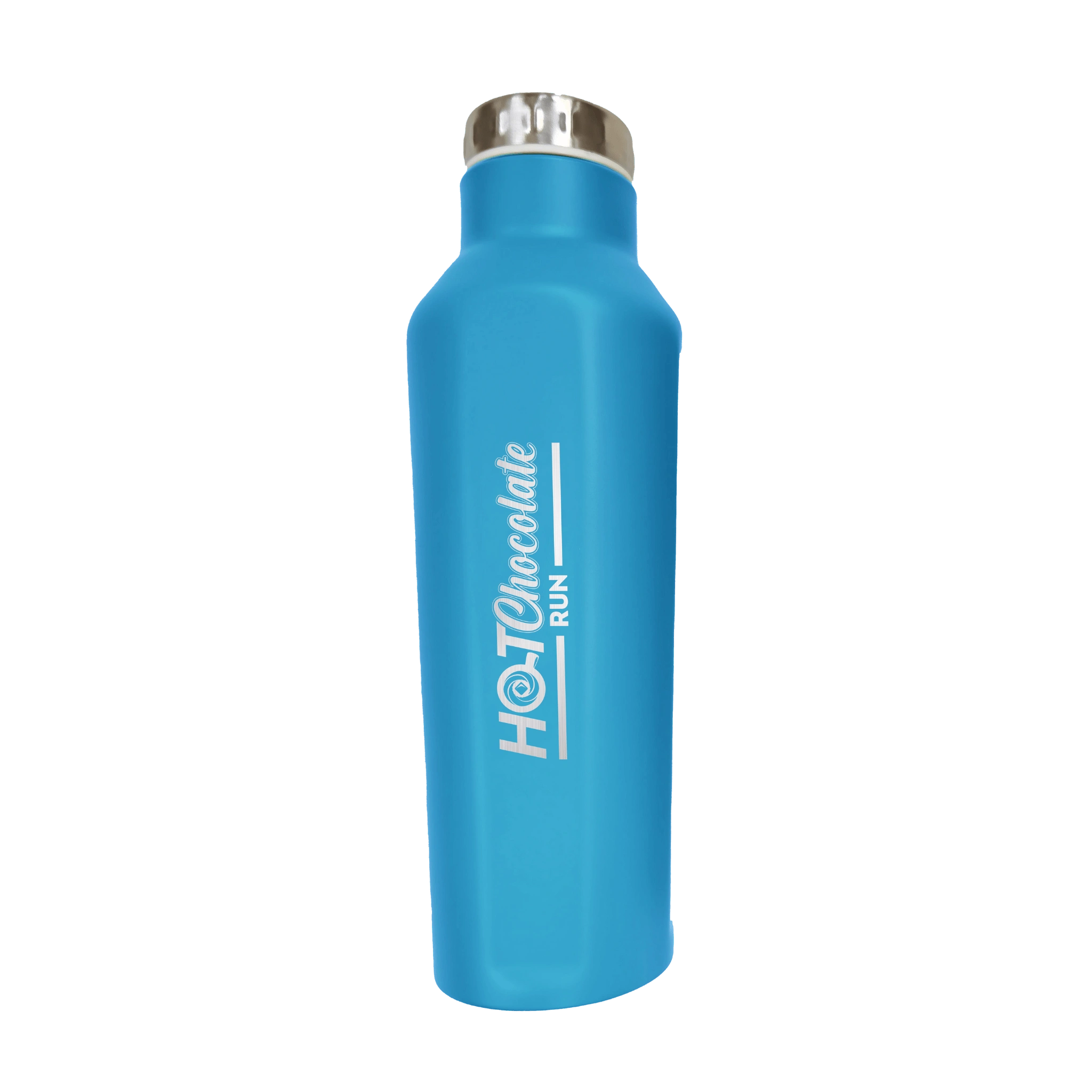 Blue water bottle with 'Hot Chocolate Run' text