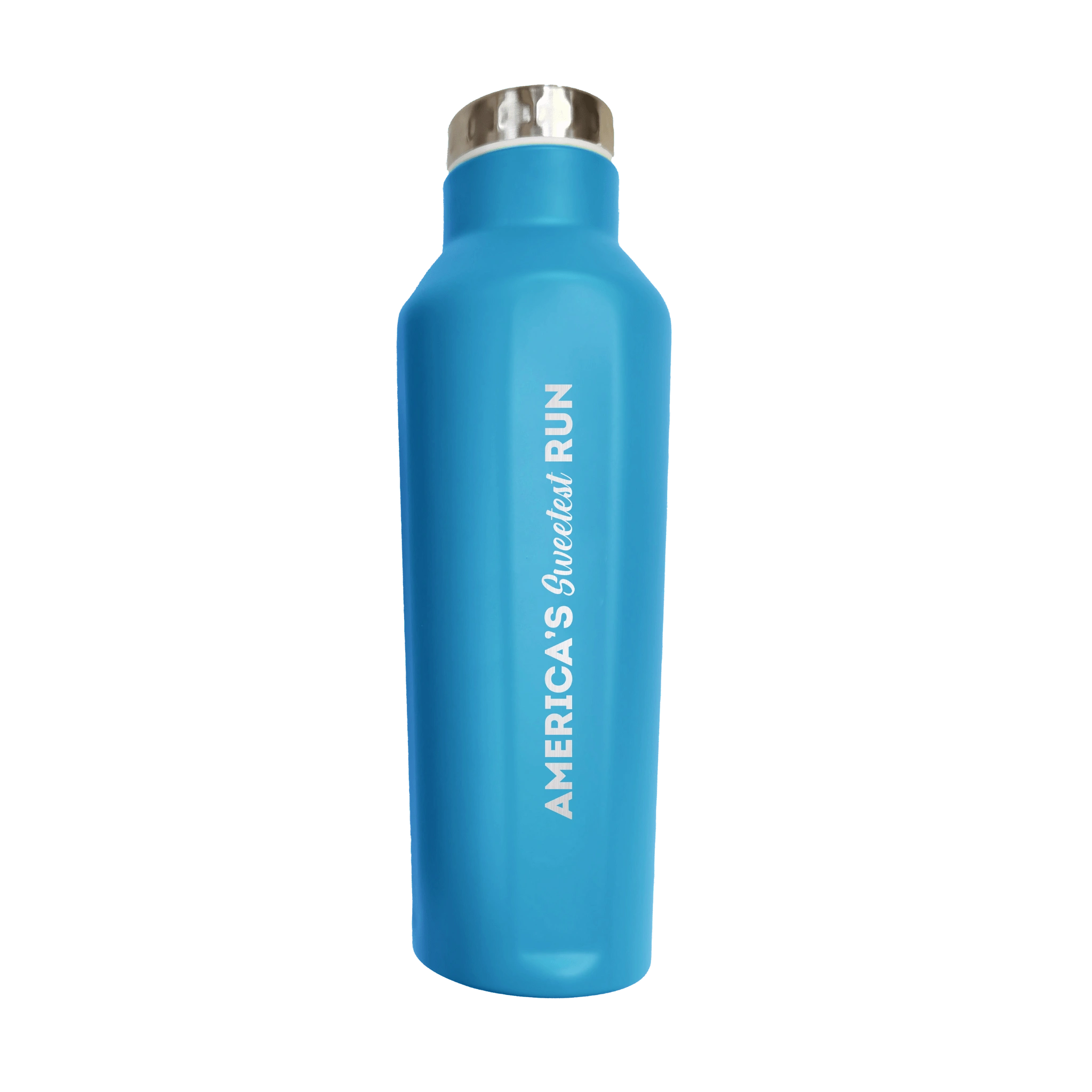 Blue water bottle with America's Sweetest Run text