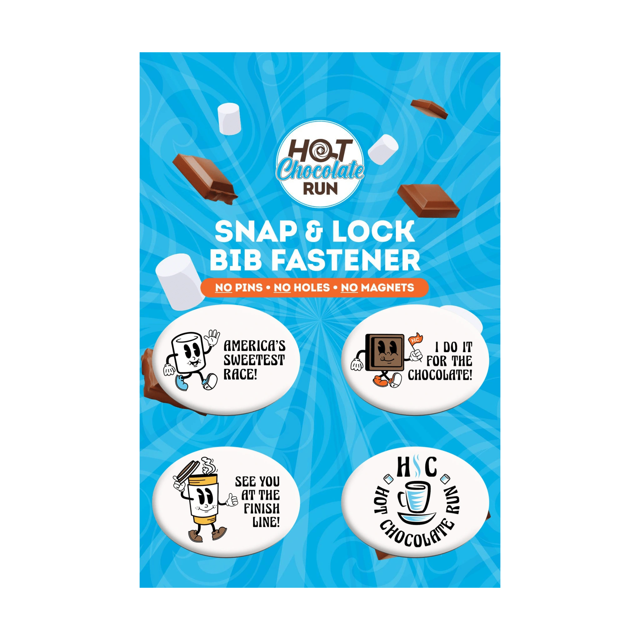 Hot Chocolate Run snap and lock bib fastener packaging with cartoon characters on a blue background