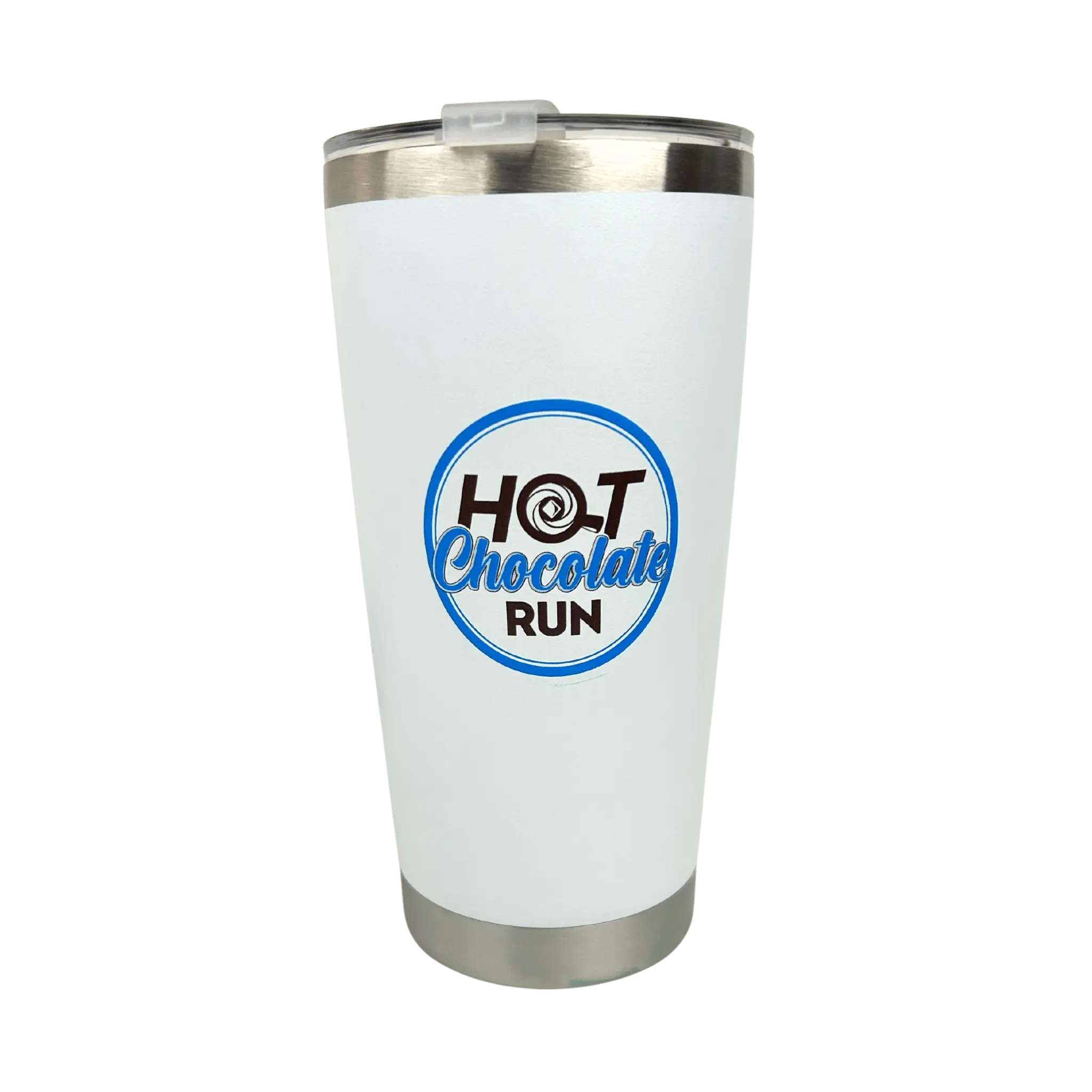 White tumbler with 'Hot Chocolate Run' logo on a white background