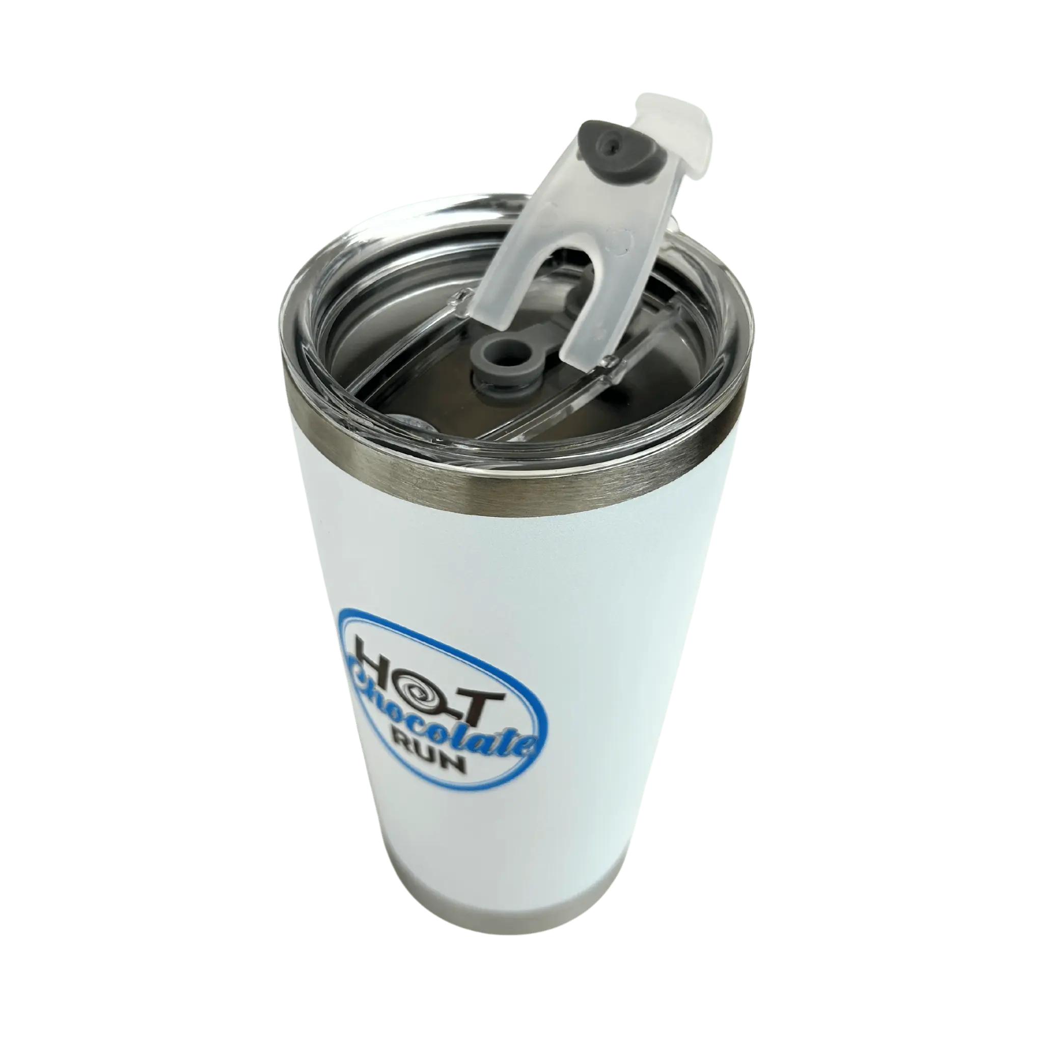 White tumbler with a clear lid featuring Hot Chocolate Run logo on a white background