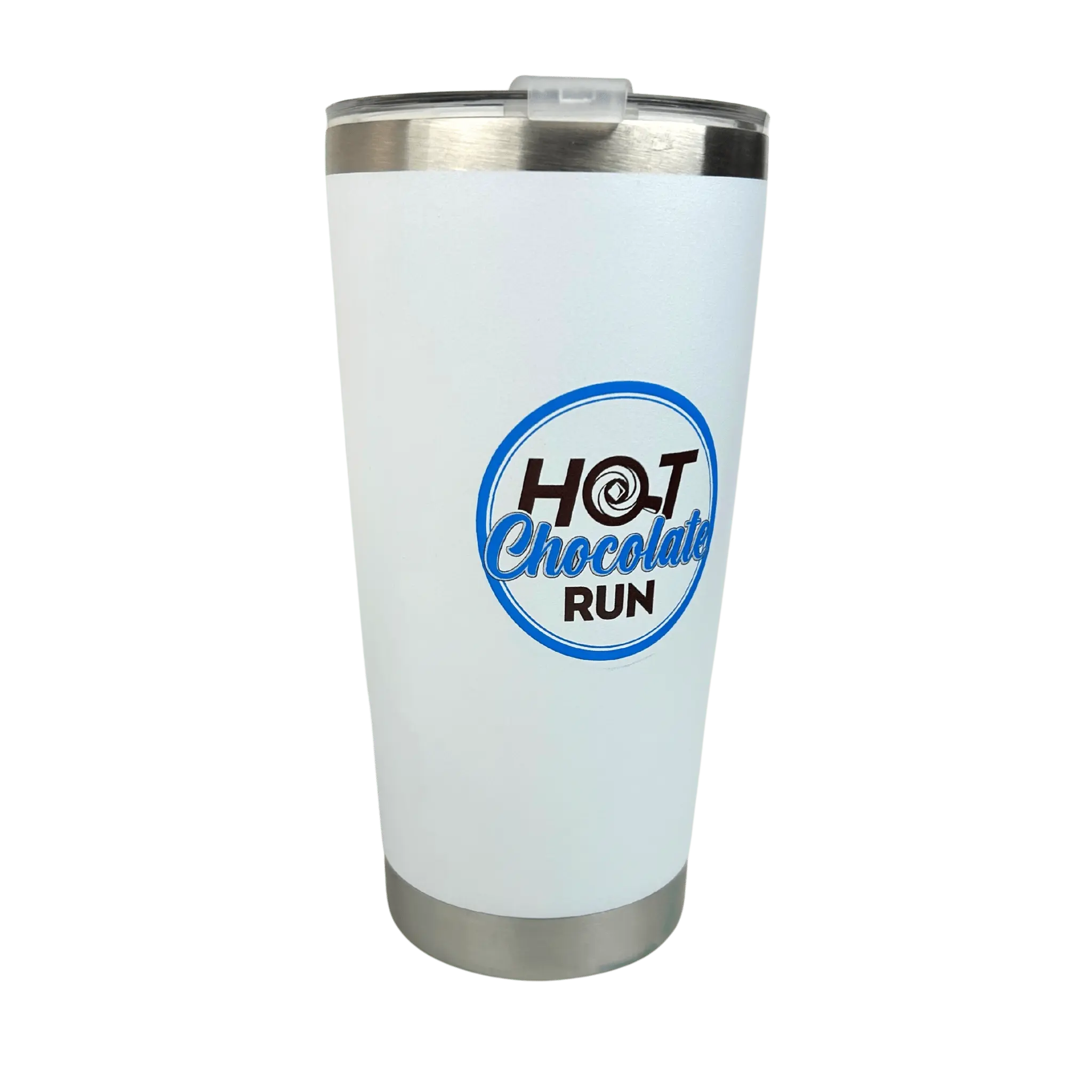 White tumbler with 'Hot Chocolate Run' logo on a white background