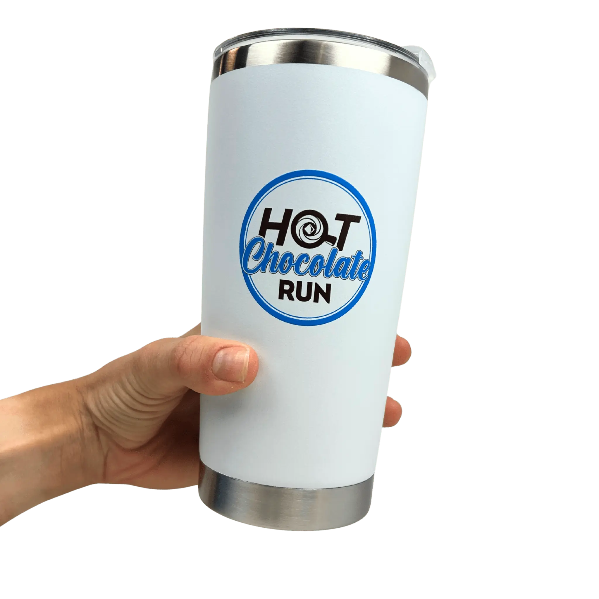 White tumbler with 'Hot Chocolate Run' logo held by a hand