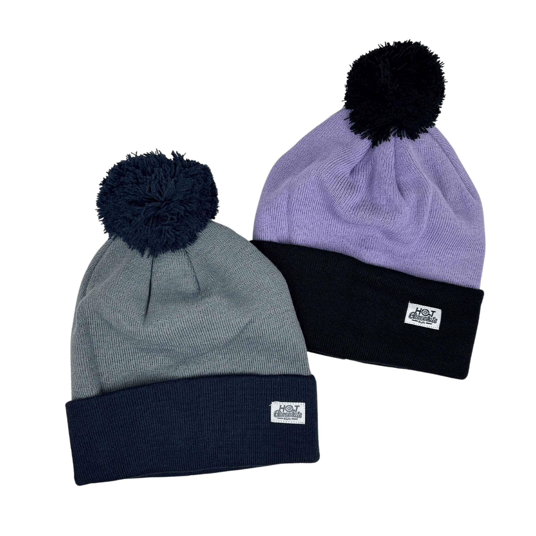 Cool blue and lavender beanies with pom-poms