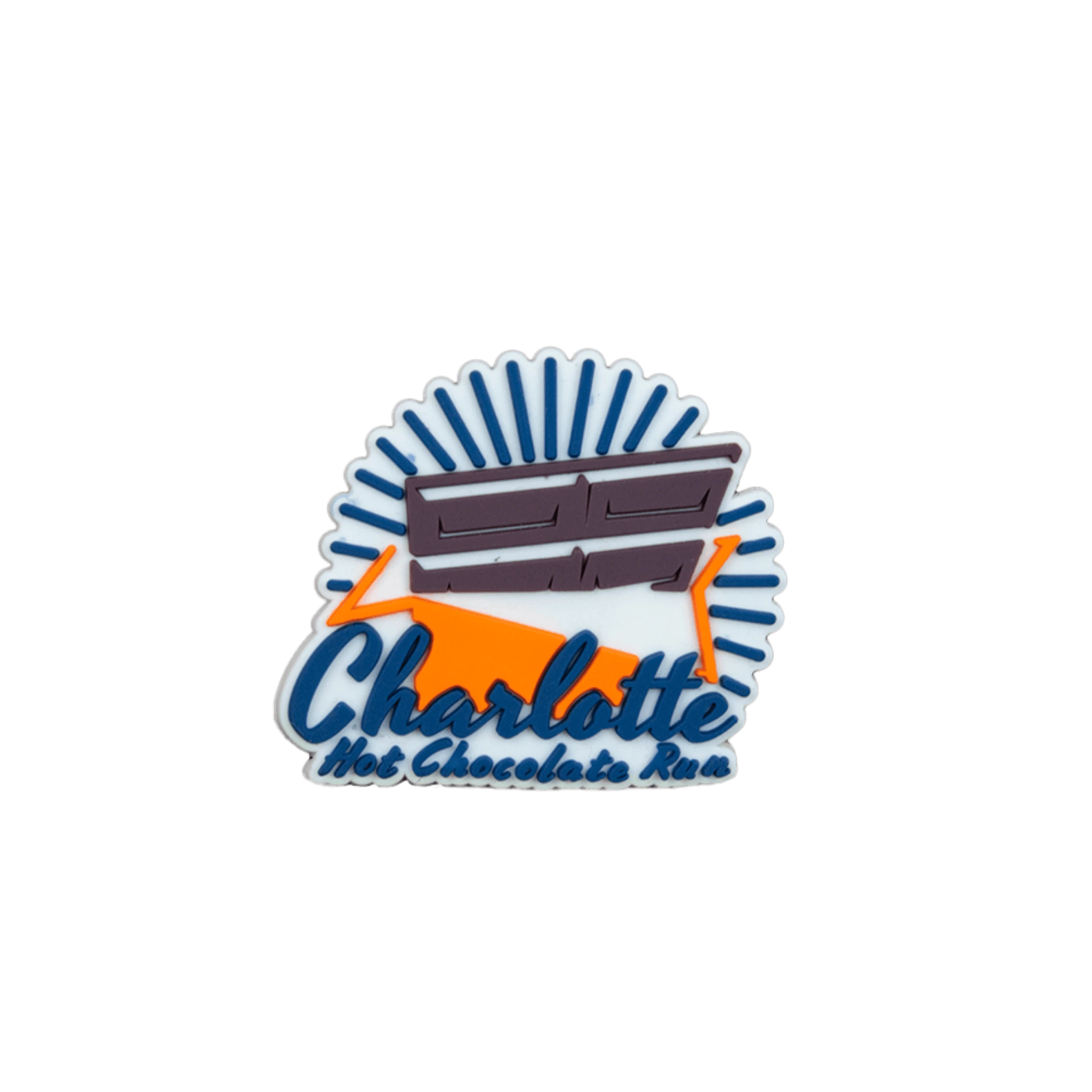 Charlotte Hot Chocolate Run bar with orange and white design bib fastener