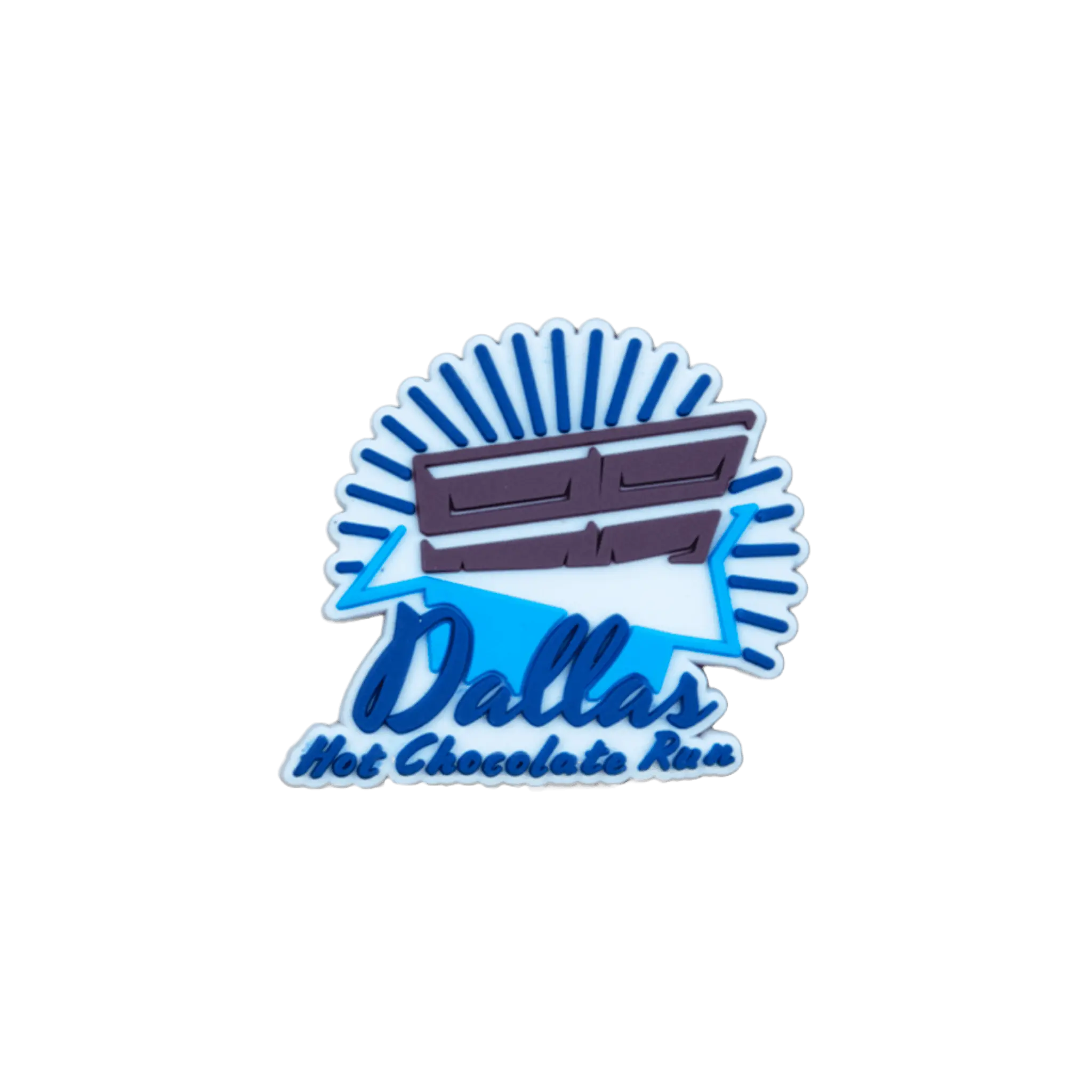 Dallas Hot Chocolate Run bar with blue and white design bib fastener