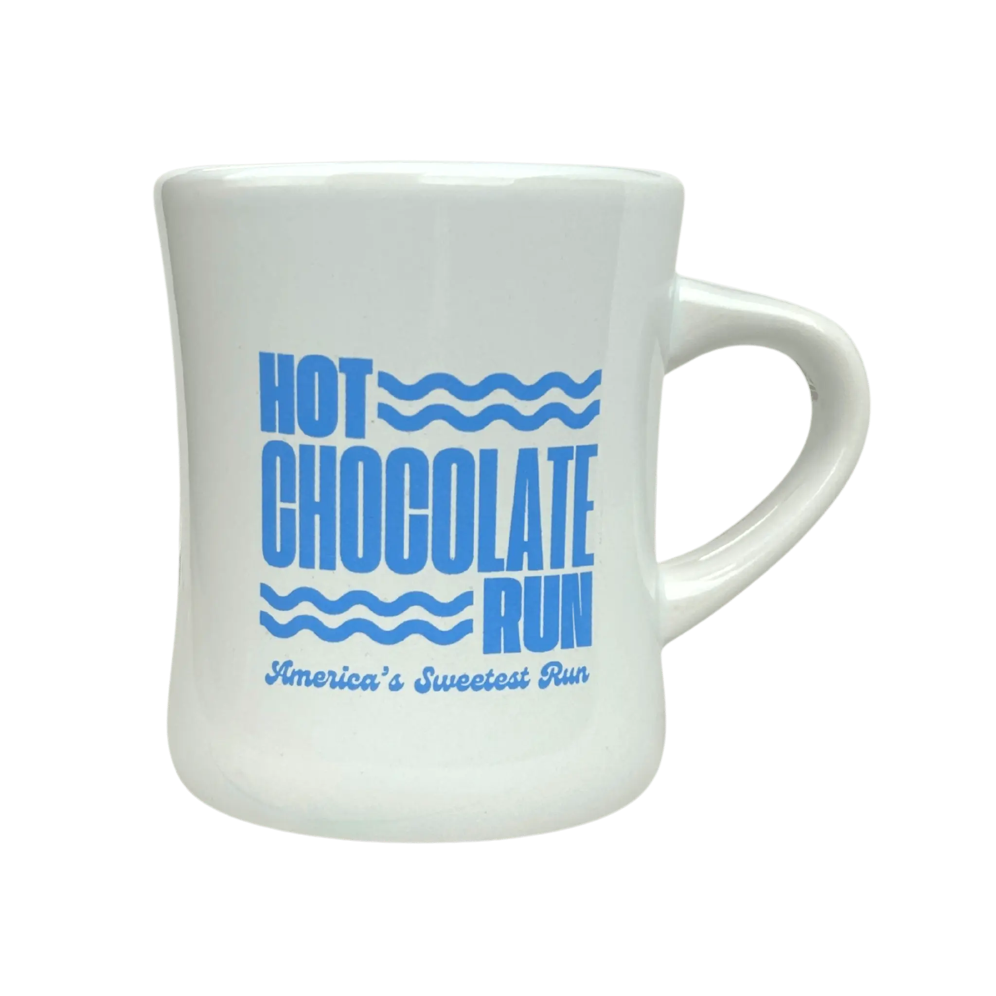White mug with blue text 'Hot Chocolate Run' on a white background