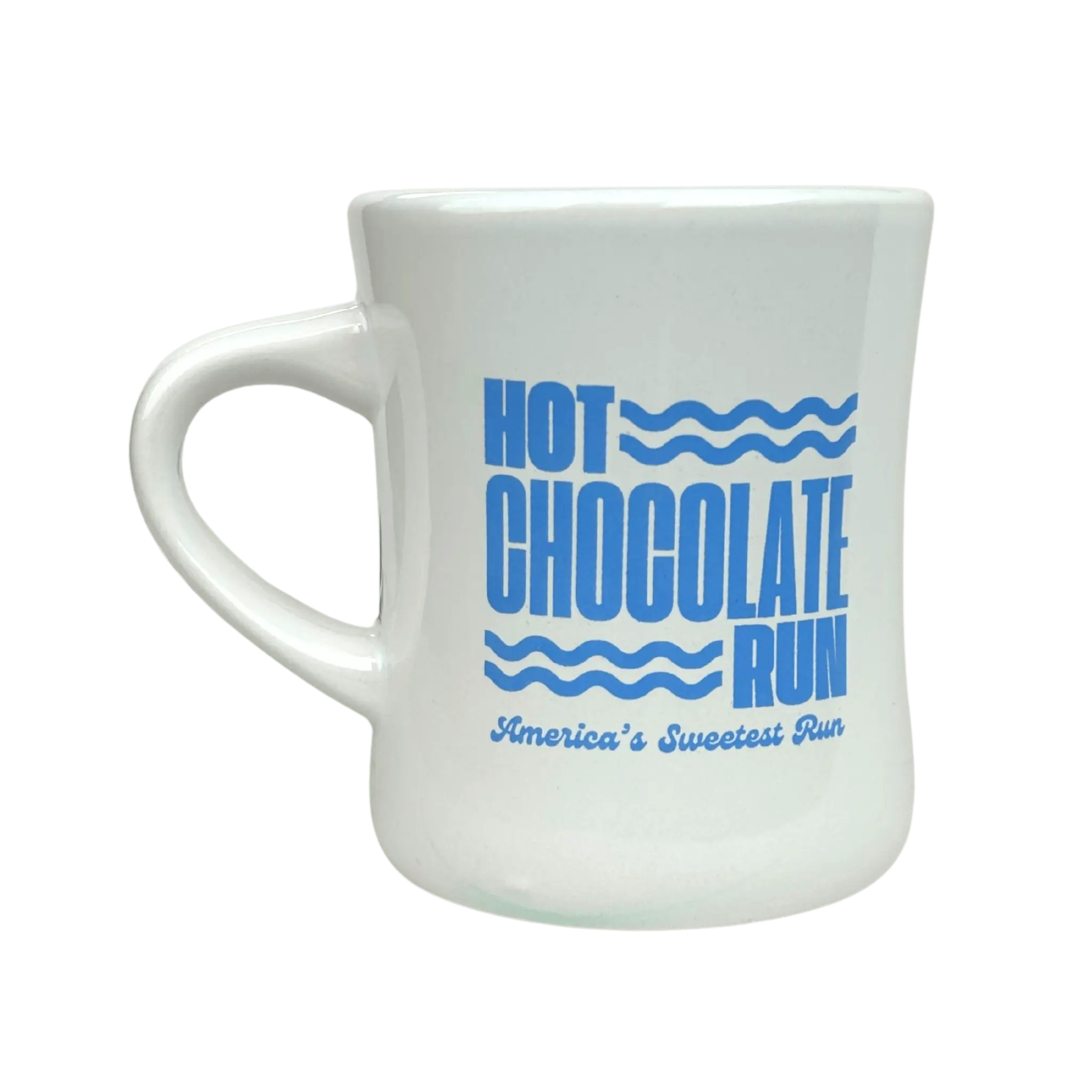 White mug with blue text 'Hot Chocolate Run' on a white background