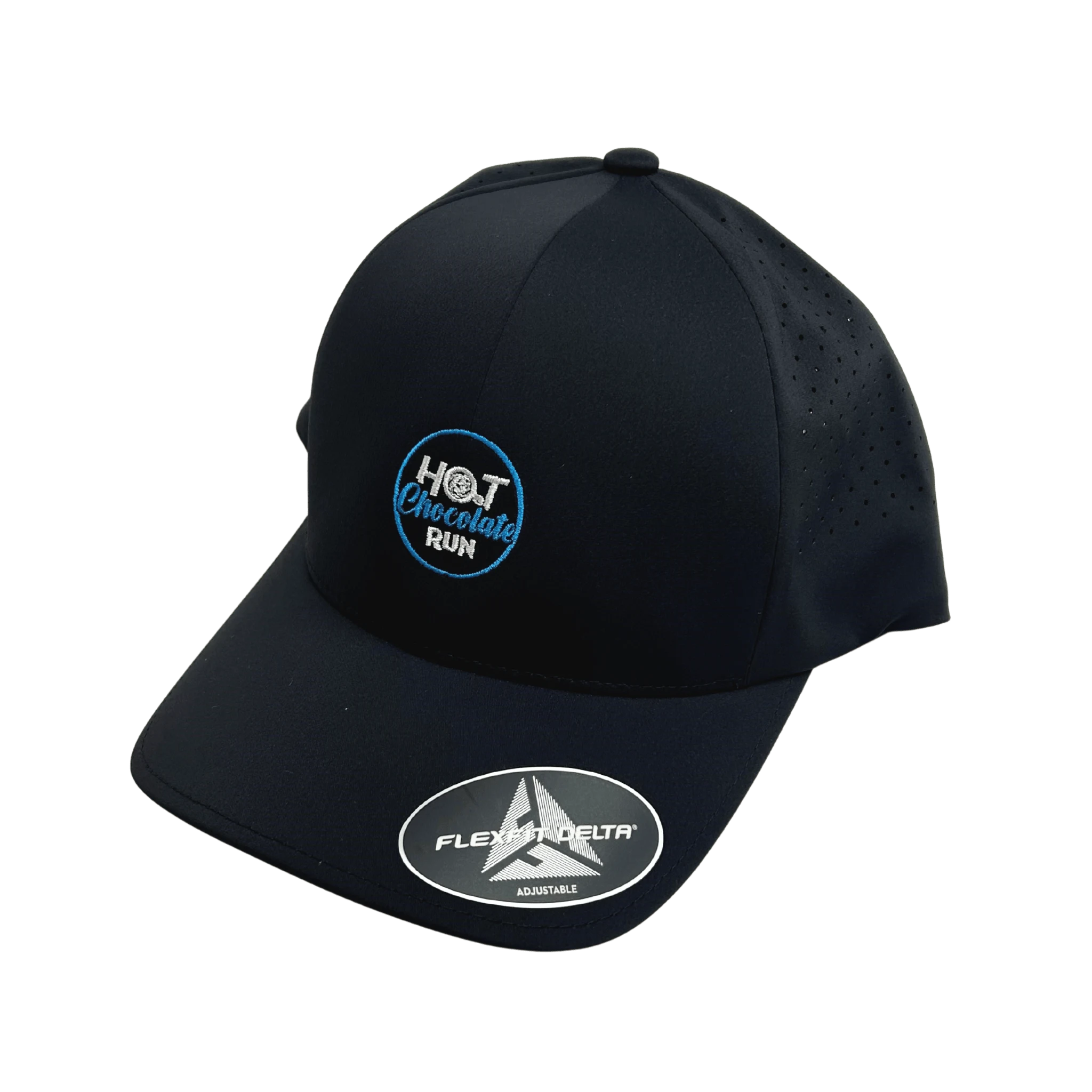 Black cap with Hot Chocolate Run logo and perforation