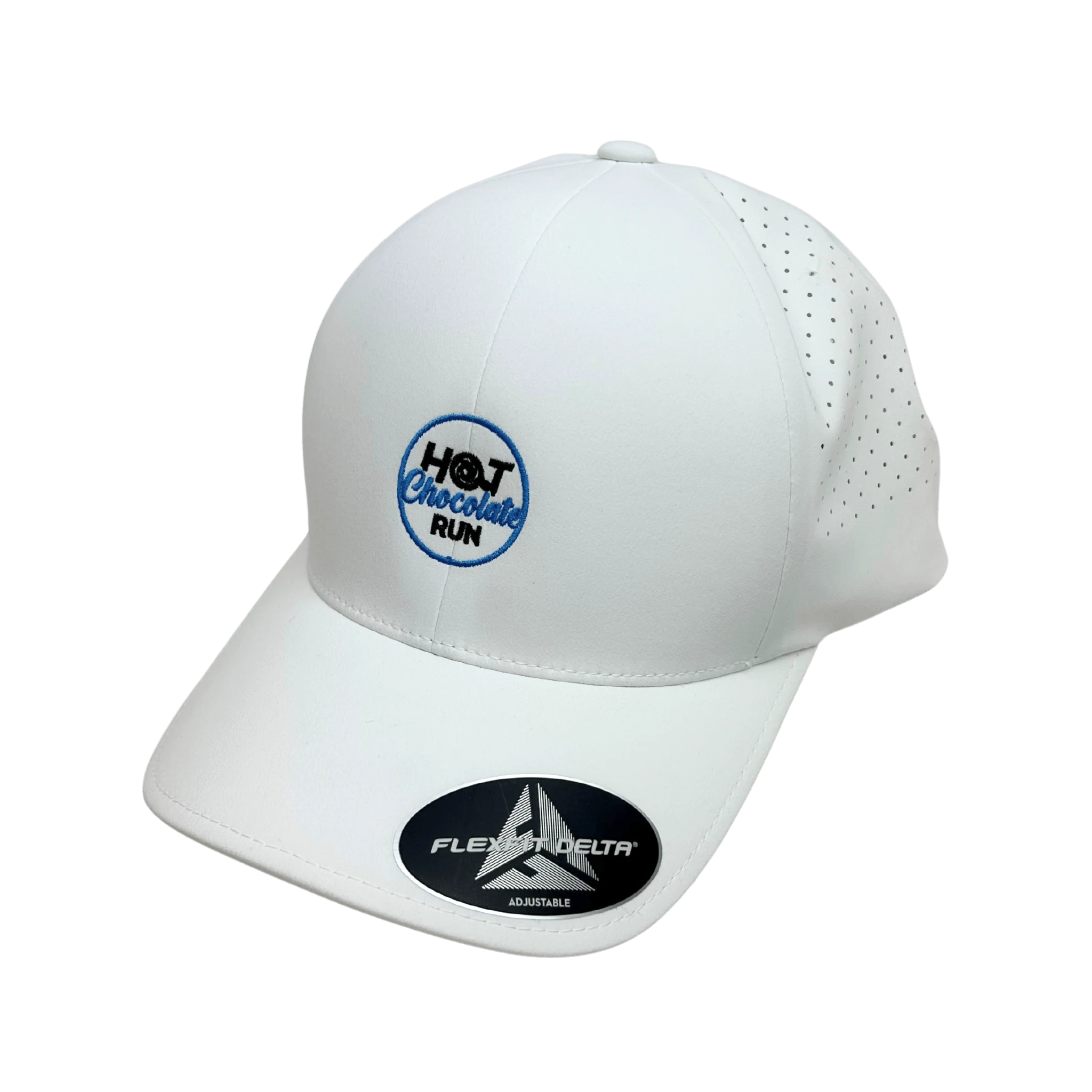 White cap with Hot Chocolate Run logo and perforation