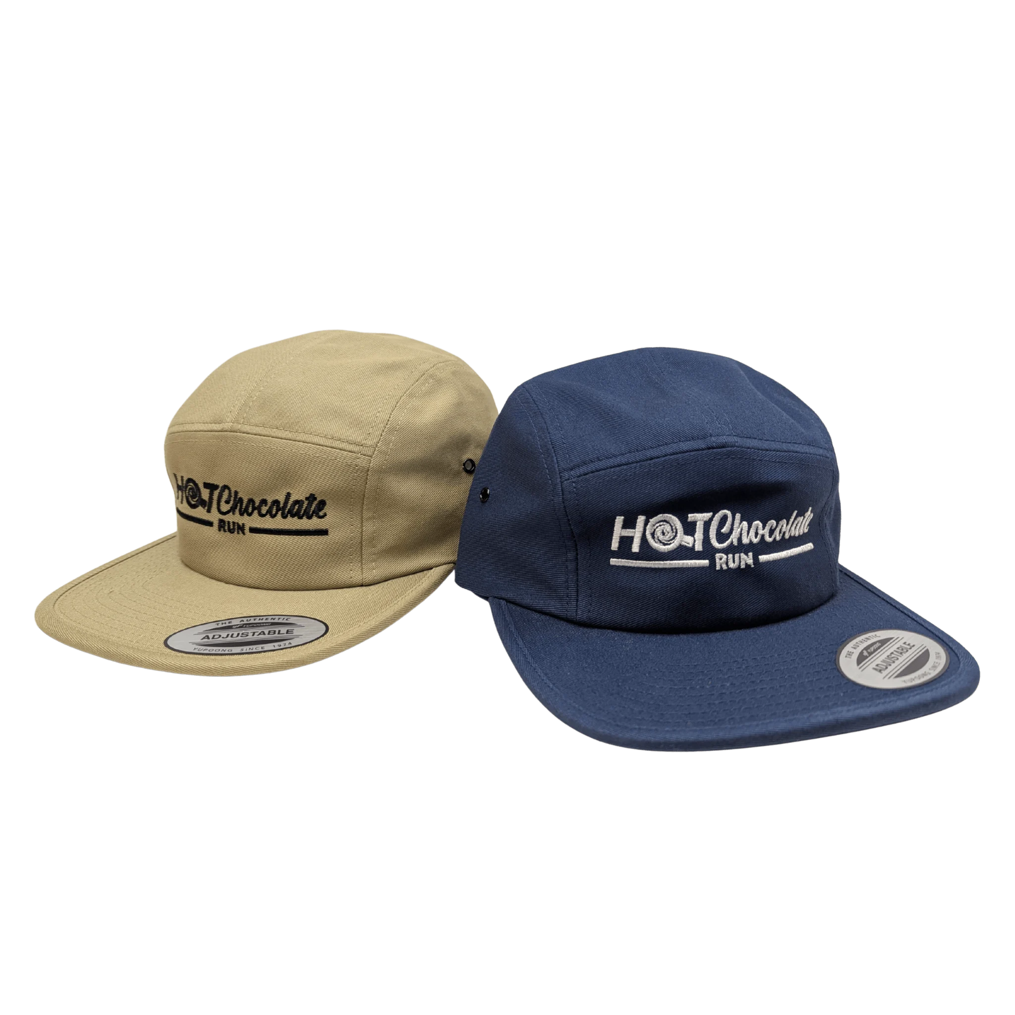 Two hats, one beige and one navy, with 'Hot Chocolate Run' logos