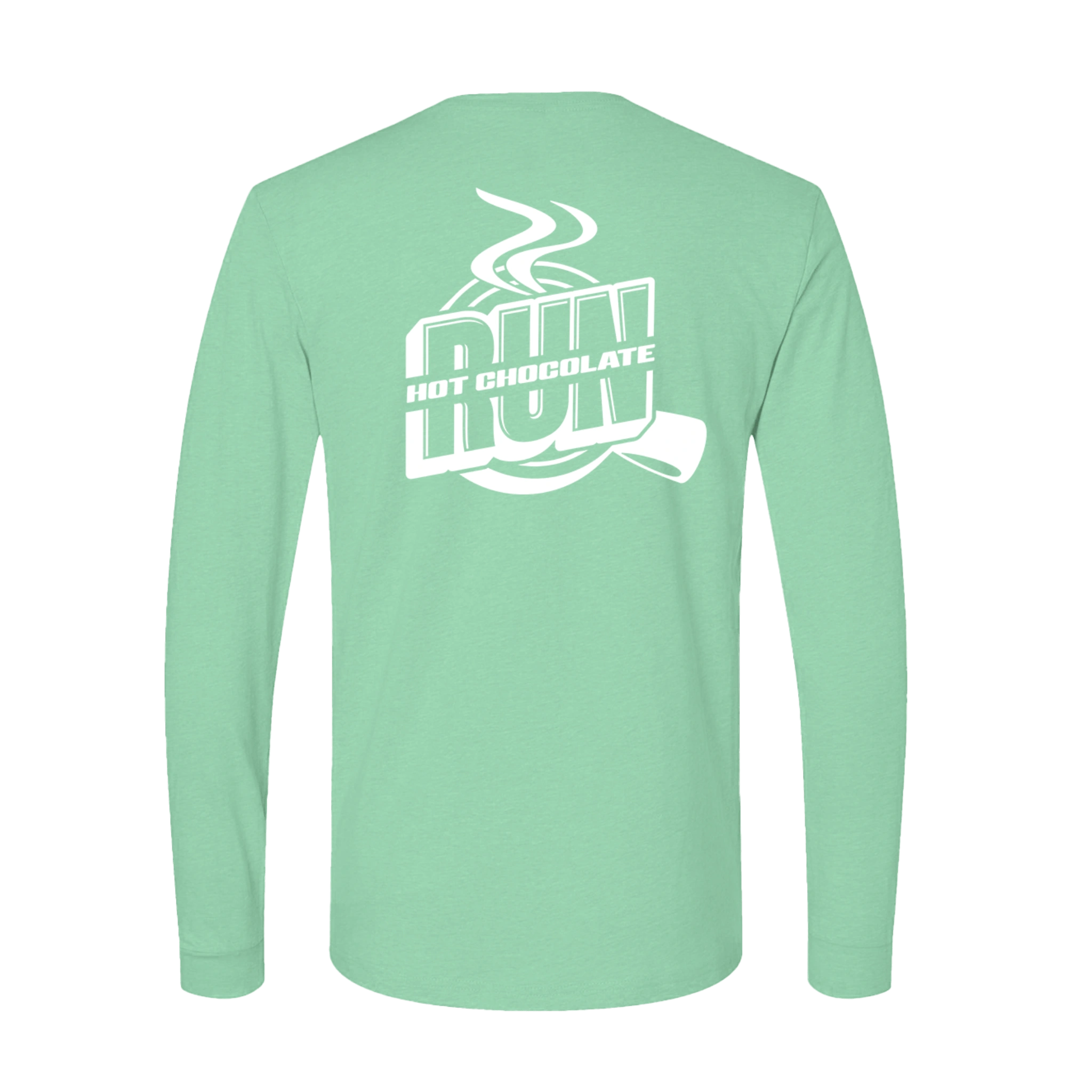 Mint green long-sleeve shirt with white Hot Chocolate Run graphic on back
