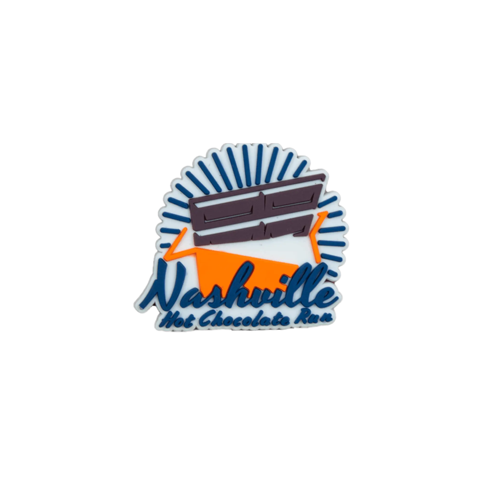 Nashville Hot Chocolate Run bar with orange and white design bib fastener