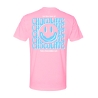 Pink t-shirt with blue and white Hot Chocolate Run smiley face design
