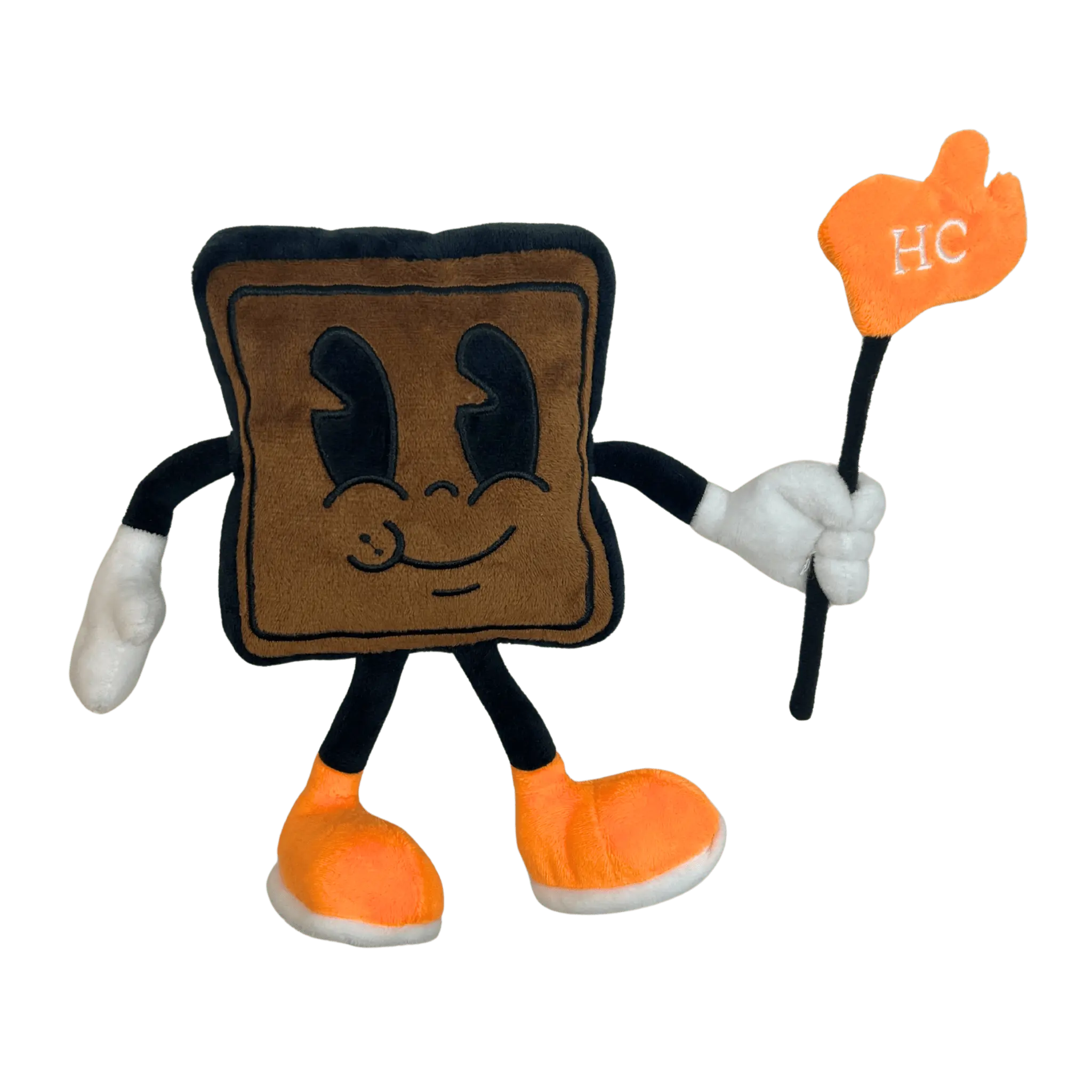 Hot Chocolate Run Chocolate Square Plush toy holding an 'HC' sign