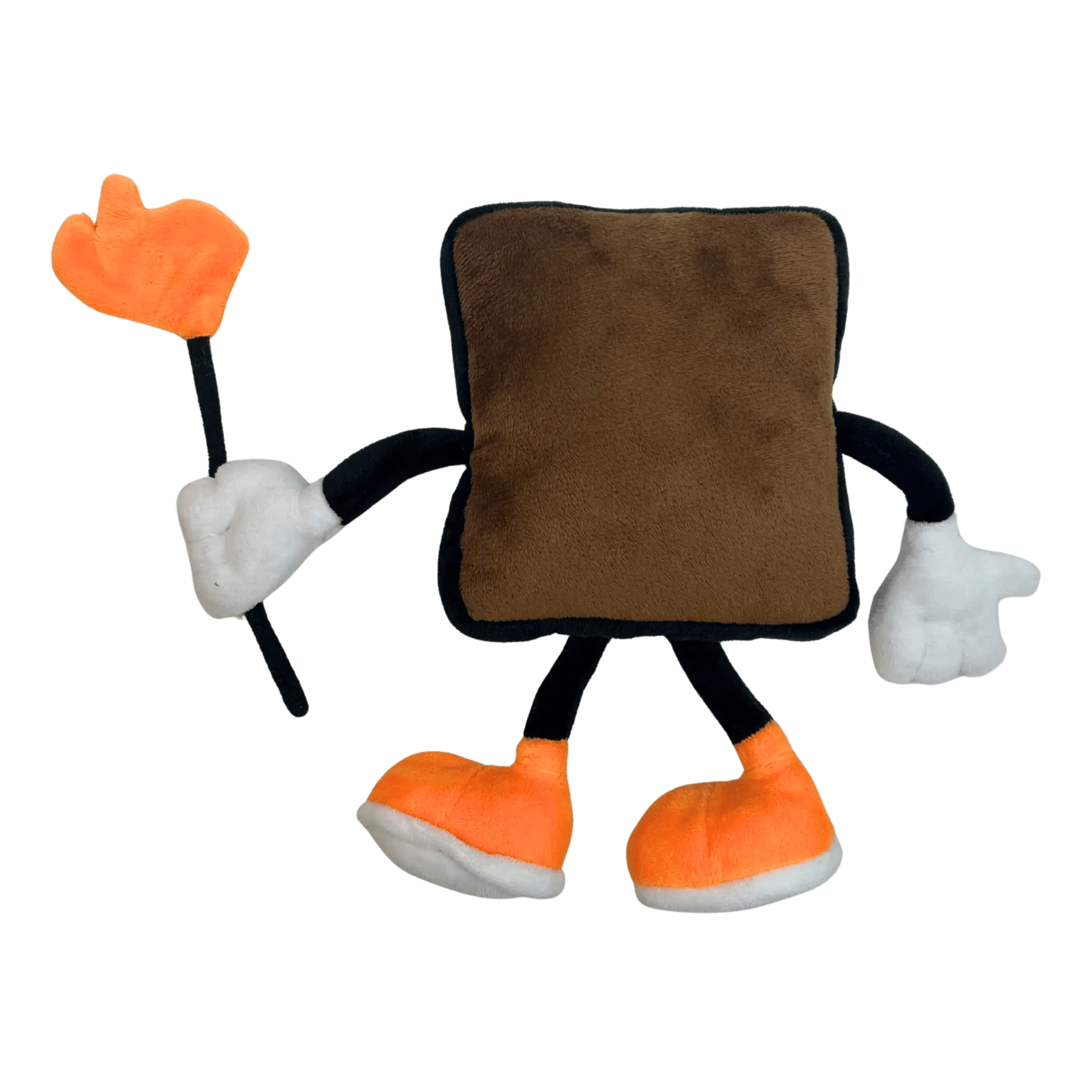 Back of Hot Chocolate Run Chocolate Square Plush toy holding an 'HC' sign