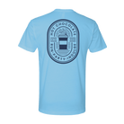 Light blue t-shirt with a black logo on the back containing Run Party and Indulge and the Hot Chocolate Run text with mug and steam