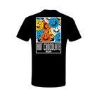 Black t-shirt with colorful smiley face design and Hot Chocolate Run text