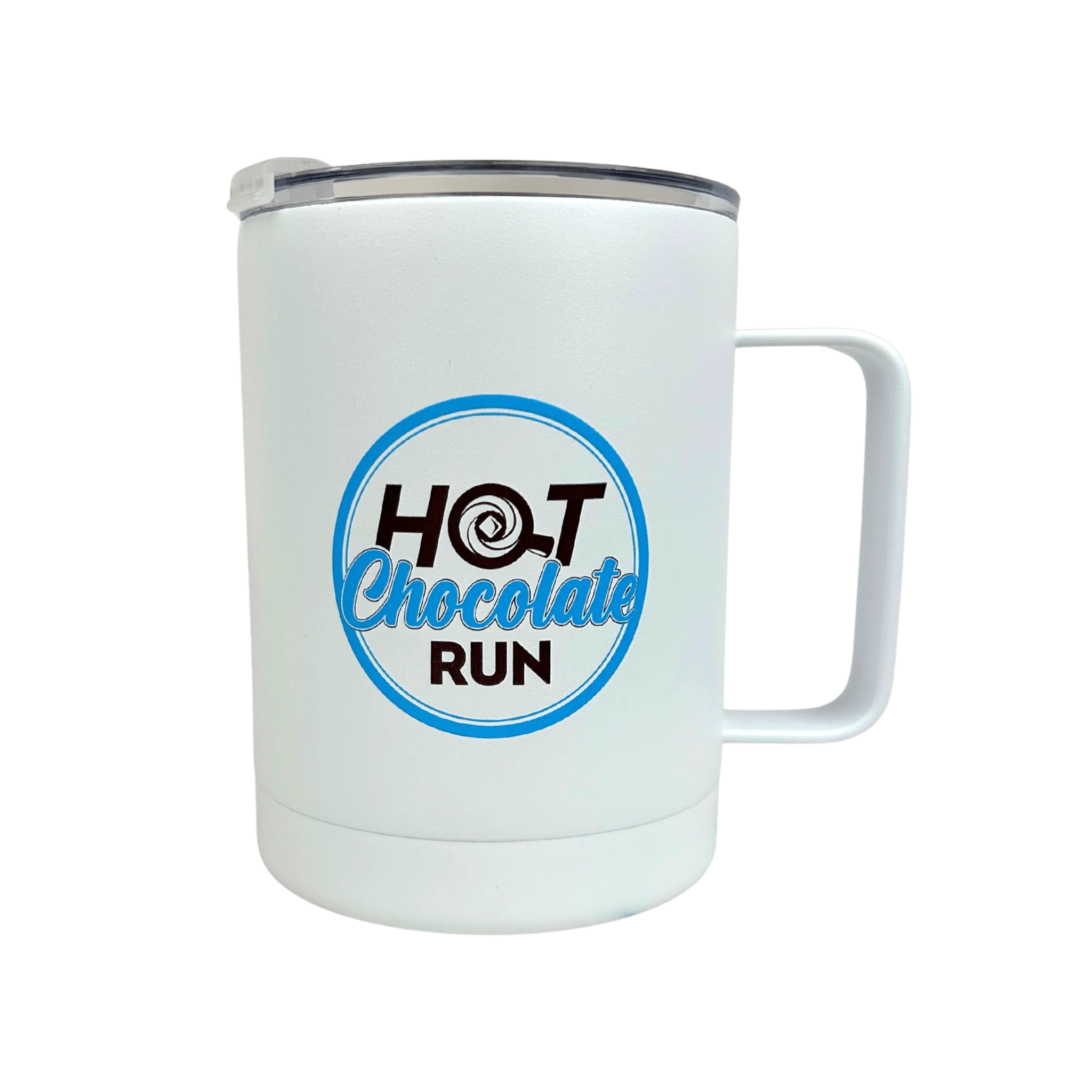 White mug with 'Hot Chocolate Run' logo on a white background