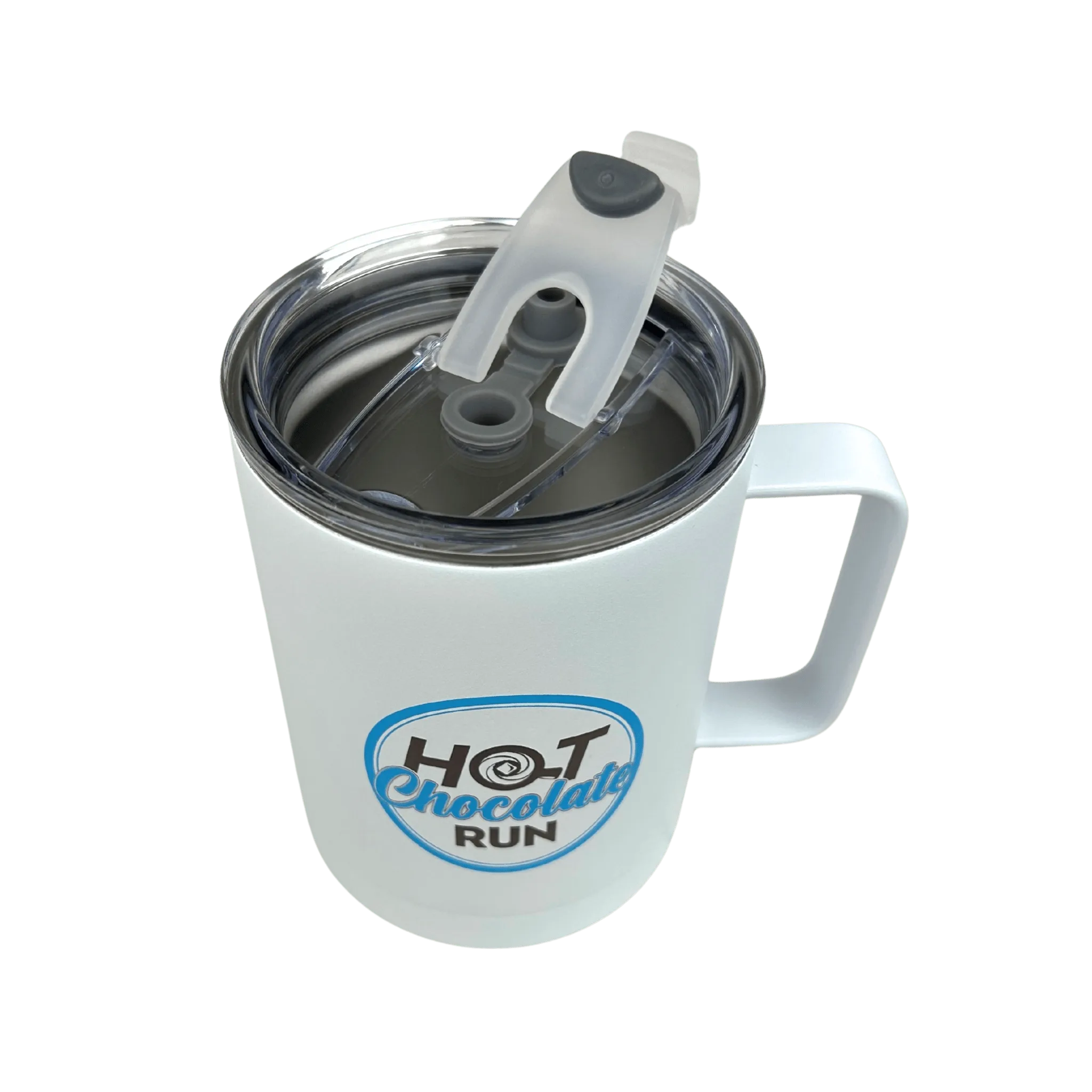 White mug with a lid and 'Hot Chocolate Run' logo on a white background