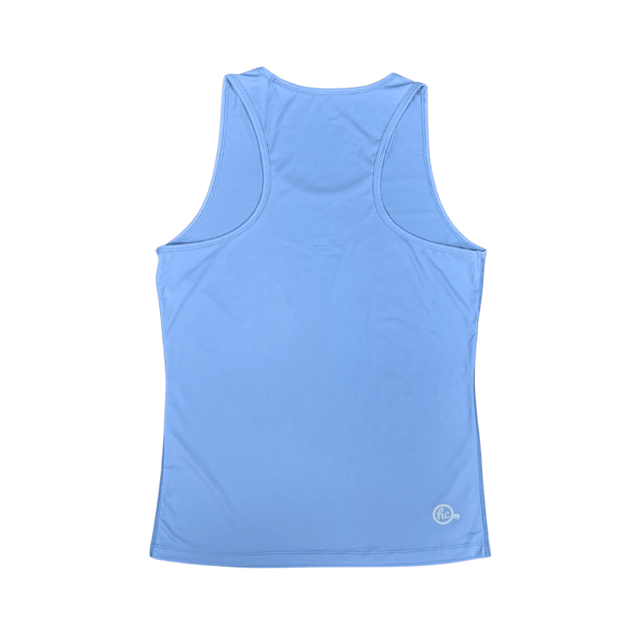 Back of light blue tank top with a reflective Hot Chocolate logo on lower left bottom