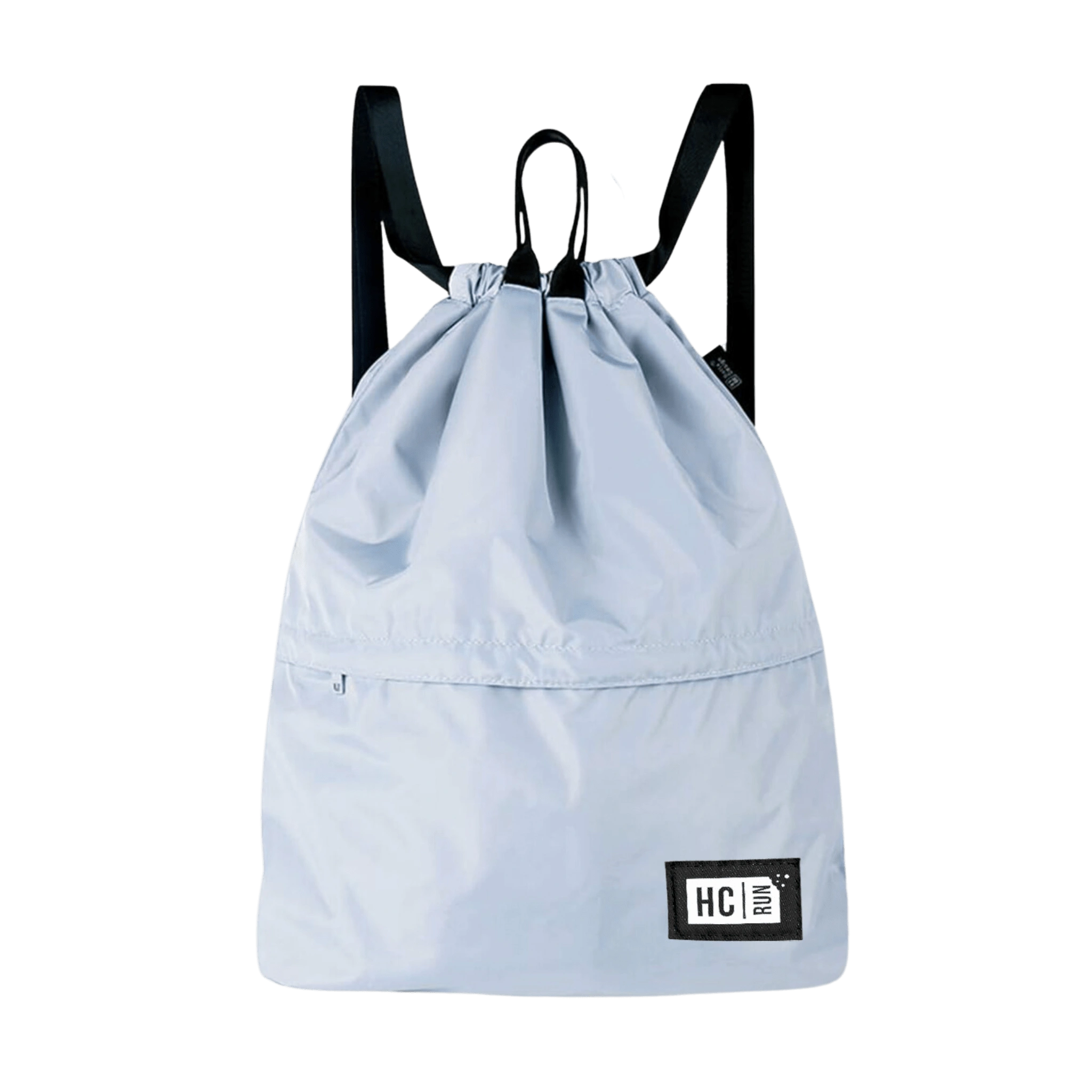 Light blue drawstring bag with black straps and HC Run patch logo in corner