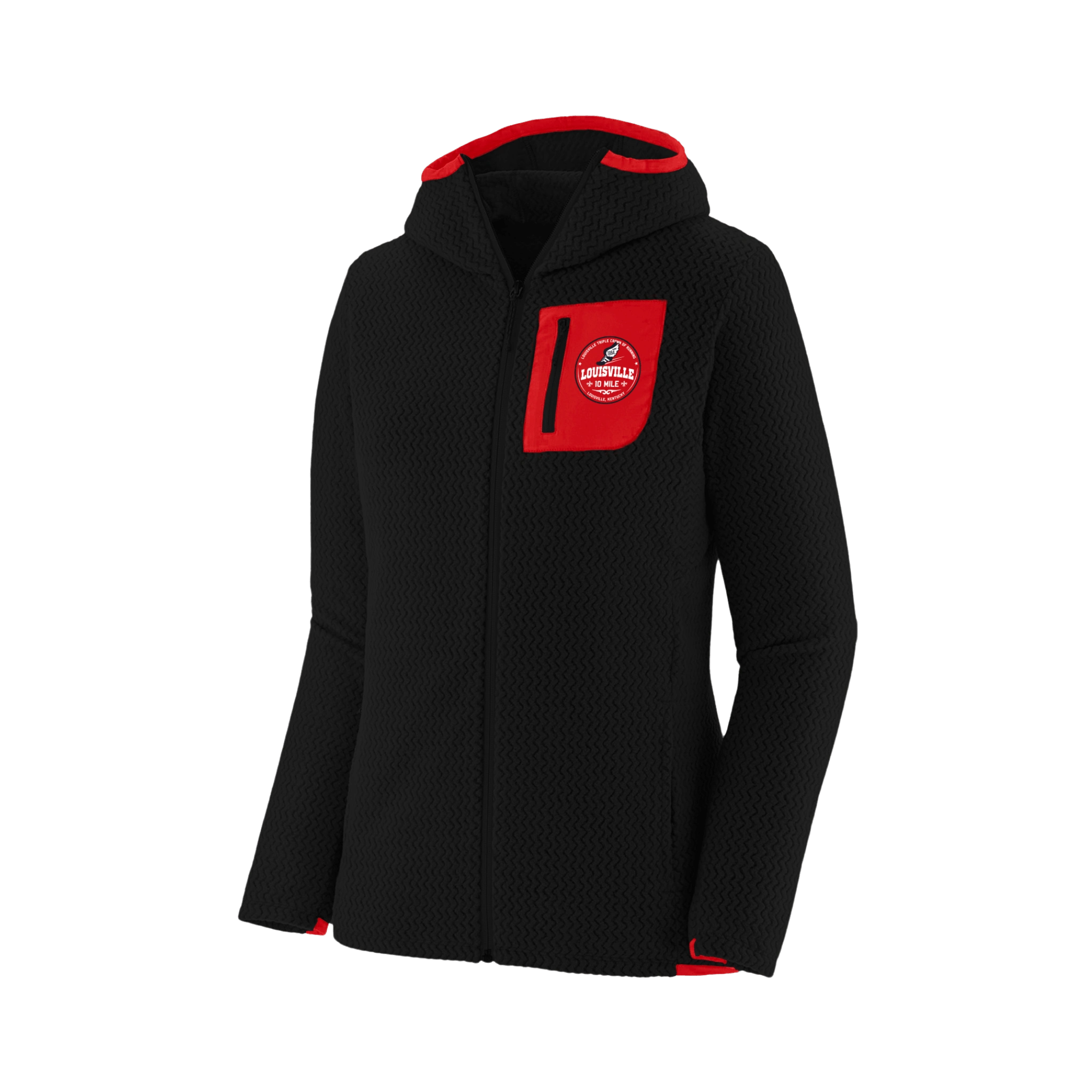 Black hoodie with a red pocket and Louisville 10 Mile logo