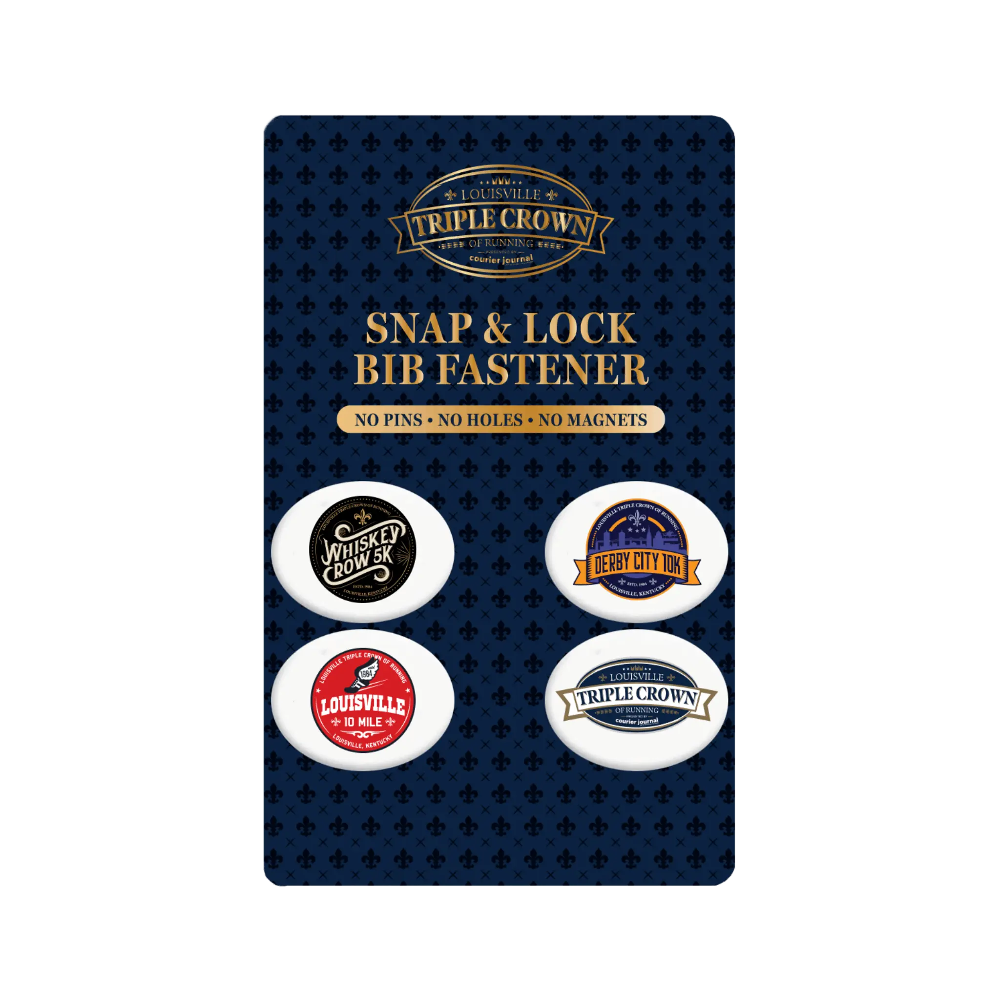 Set of four bib fasteners on a branded card with 'Triple Crown' logo.