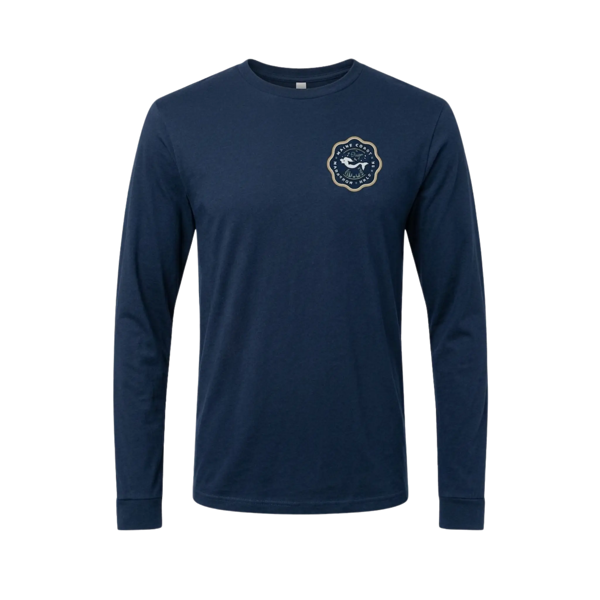 Navy long sleeve shirt with a Maine Coast Marathon logo on the left chest